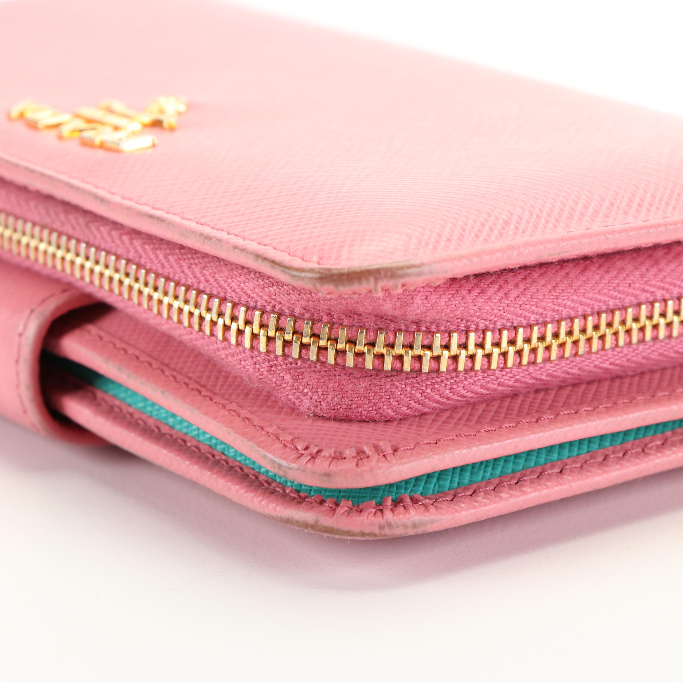 Prada Pink Saffiano Leather Zip Around Compact Wallet with Box