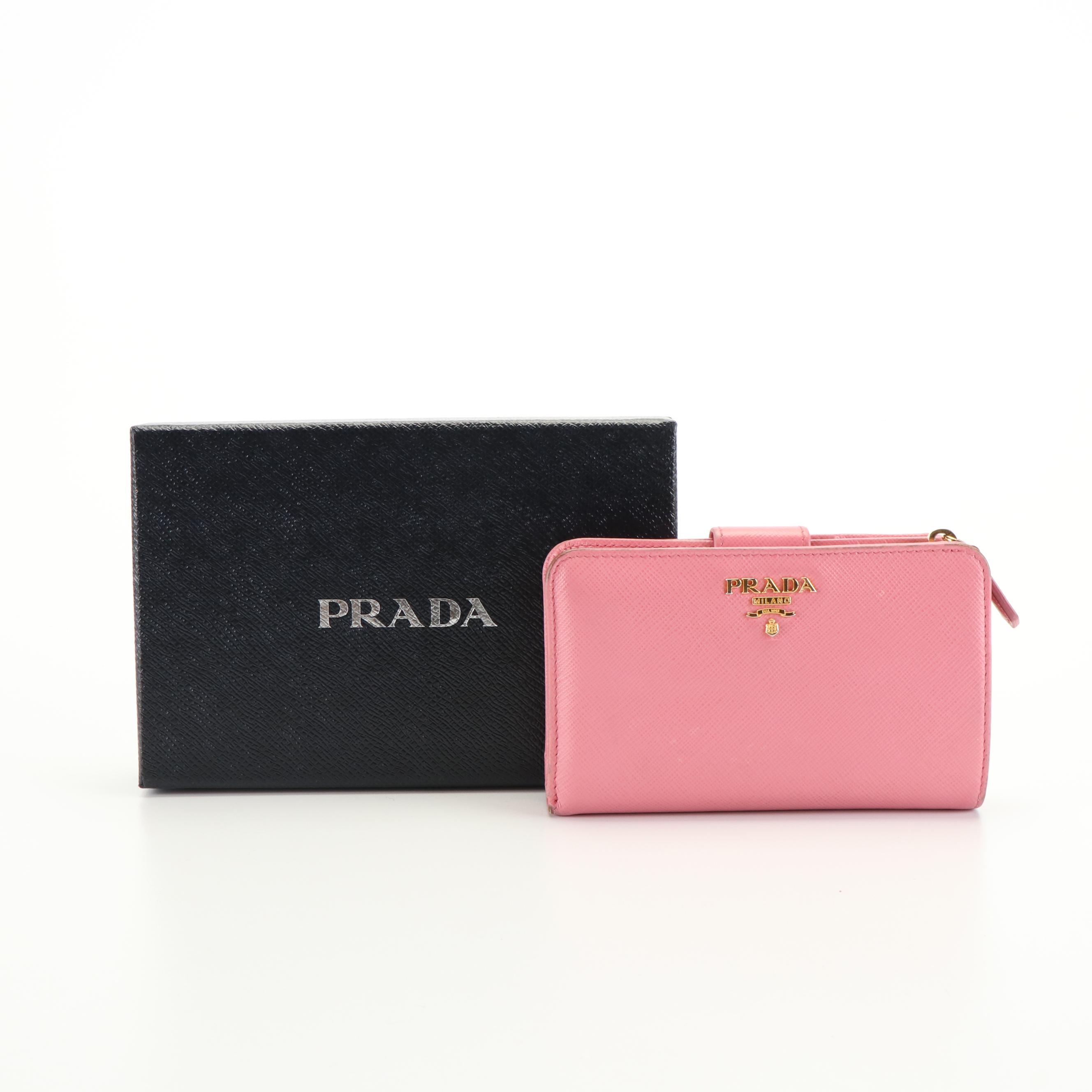 Prada Pink Saffiano Leather Zip Around Compact Wallet with Box