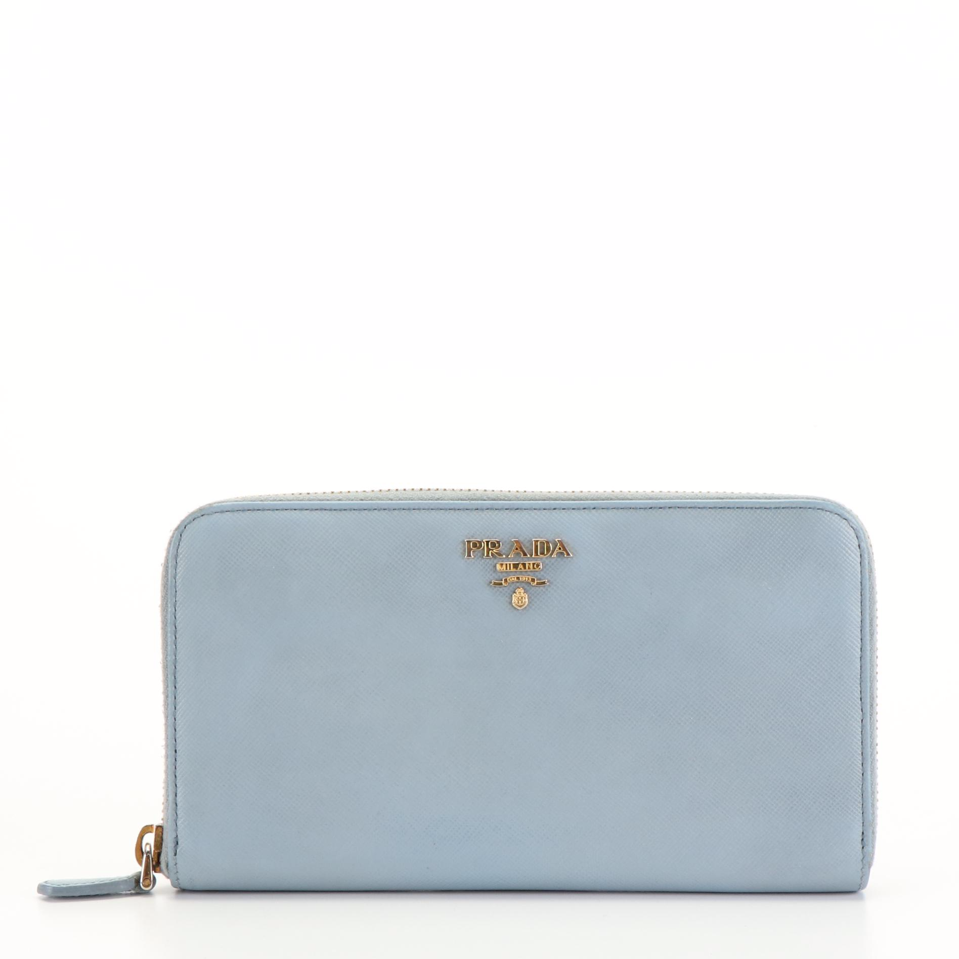Prada Light Blue Saffiano Zip Around Wallet With Box