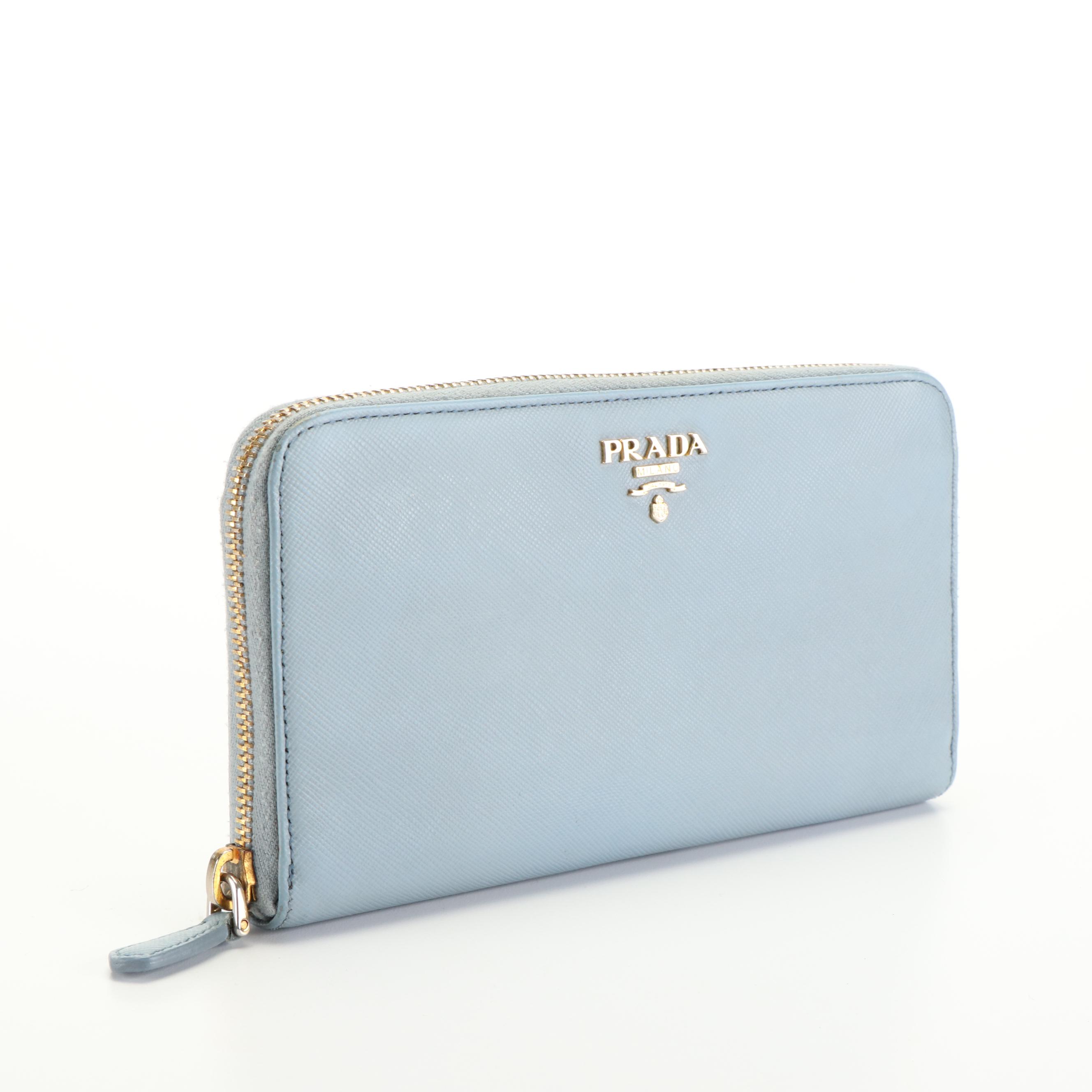 Prada Light Blue Saffiano Zip Around Wallet With Box