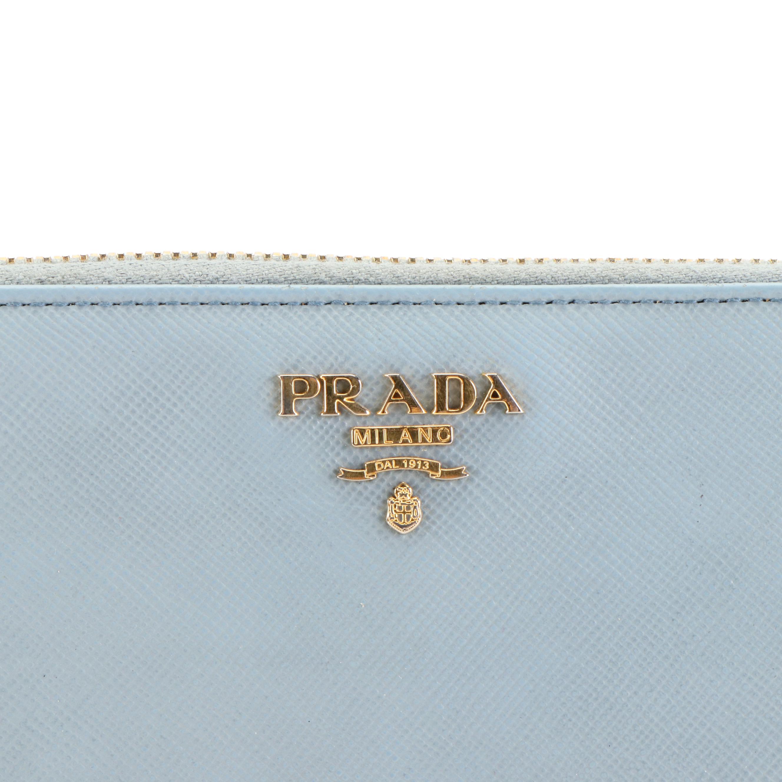 Prada Light Blue Saffiano Zip Around Wallet With Box