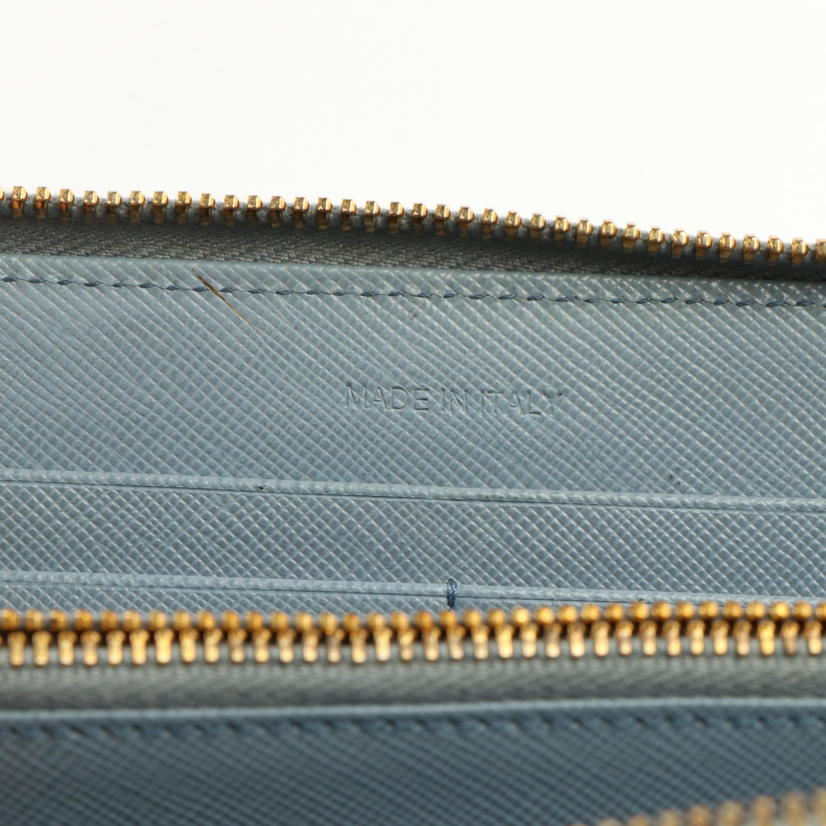 Prada Light Blue Saffiano Zip Around Wallet With Box