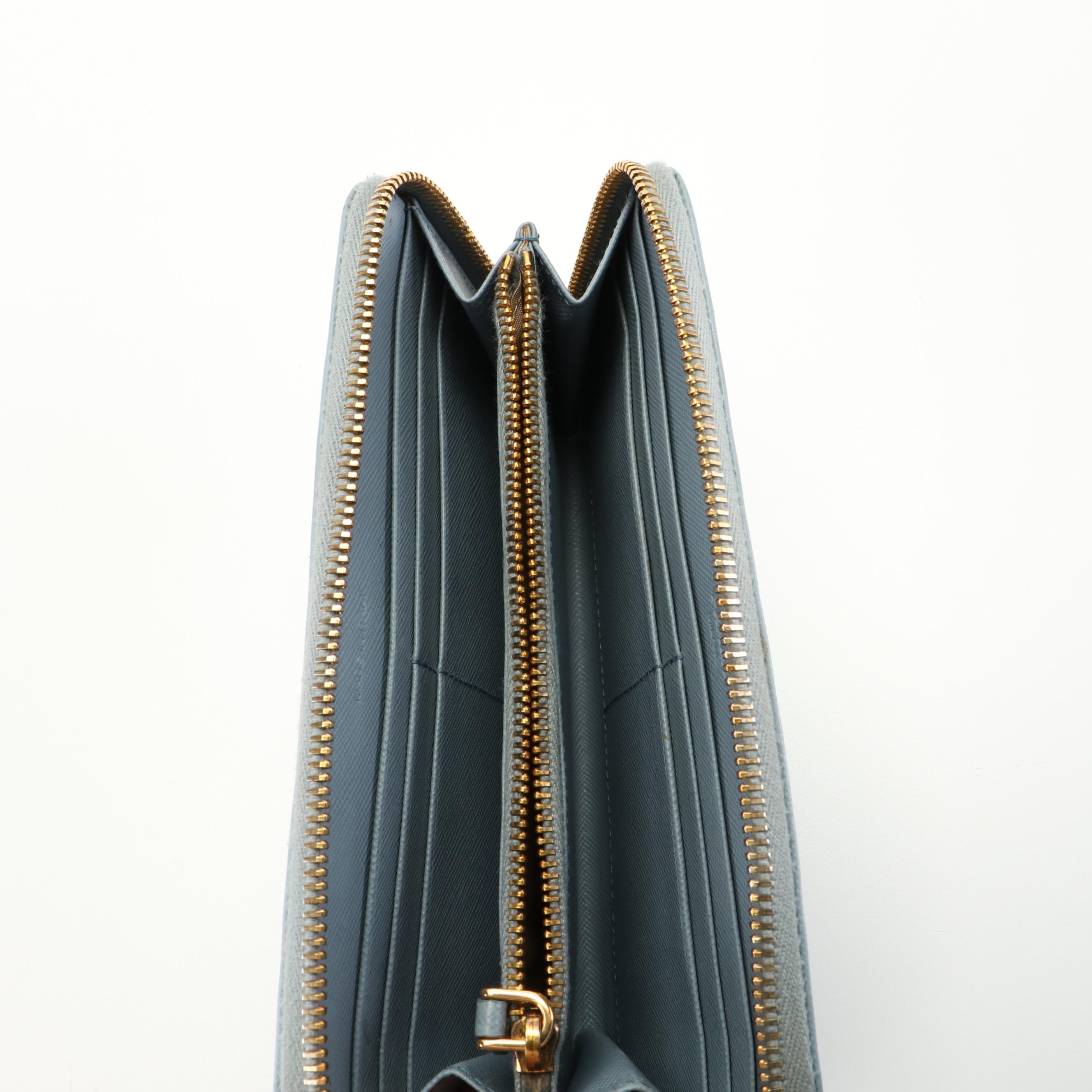 Prada Light Blue Saffiano Zip Around Wallet With Box