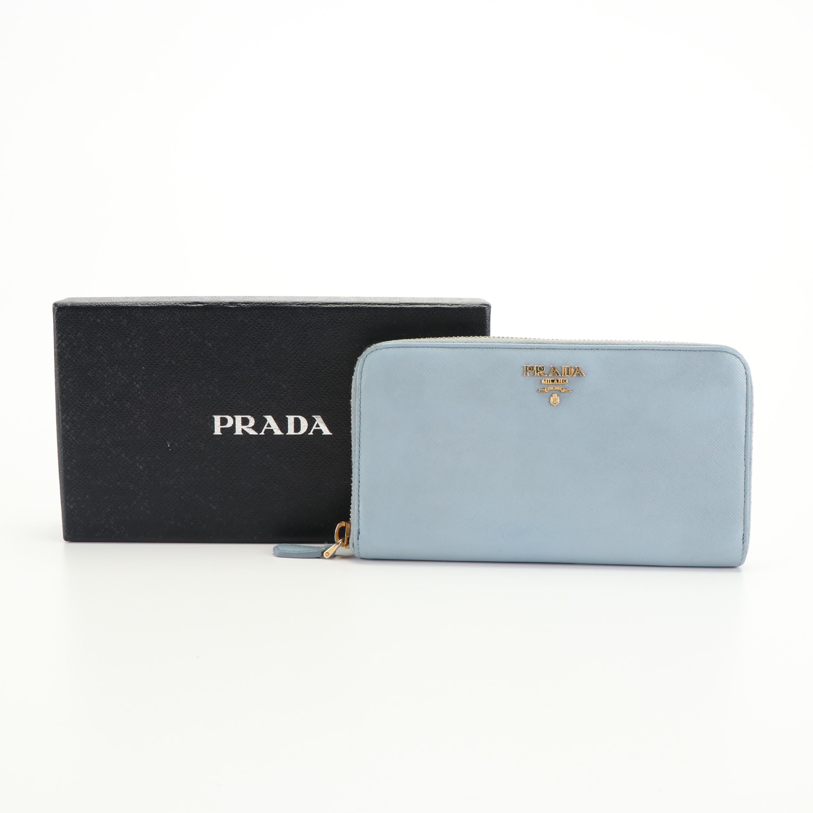 Prada Light Blue Saffiano Zip Around Wallet With Box