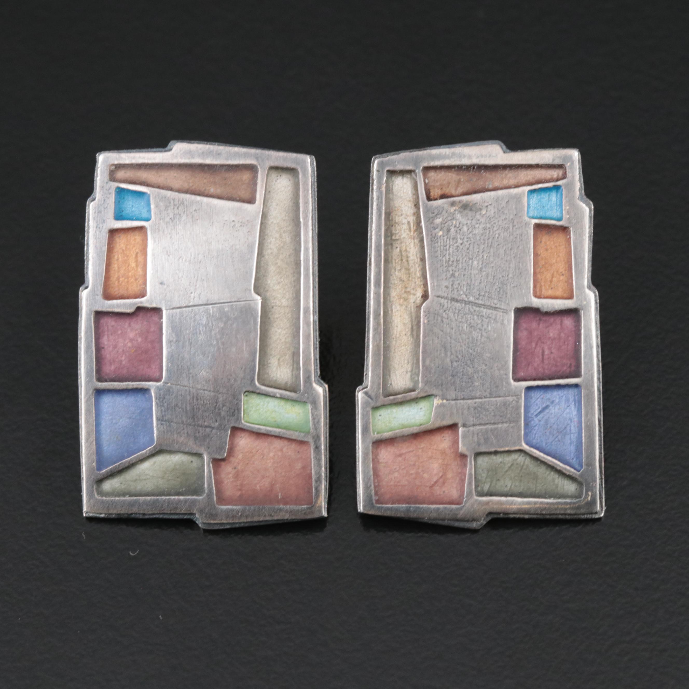 Modernist Carly Wright Sterling Champlevé Earrings