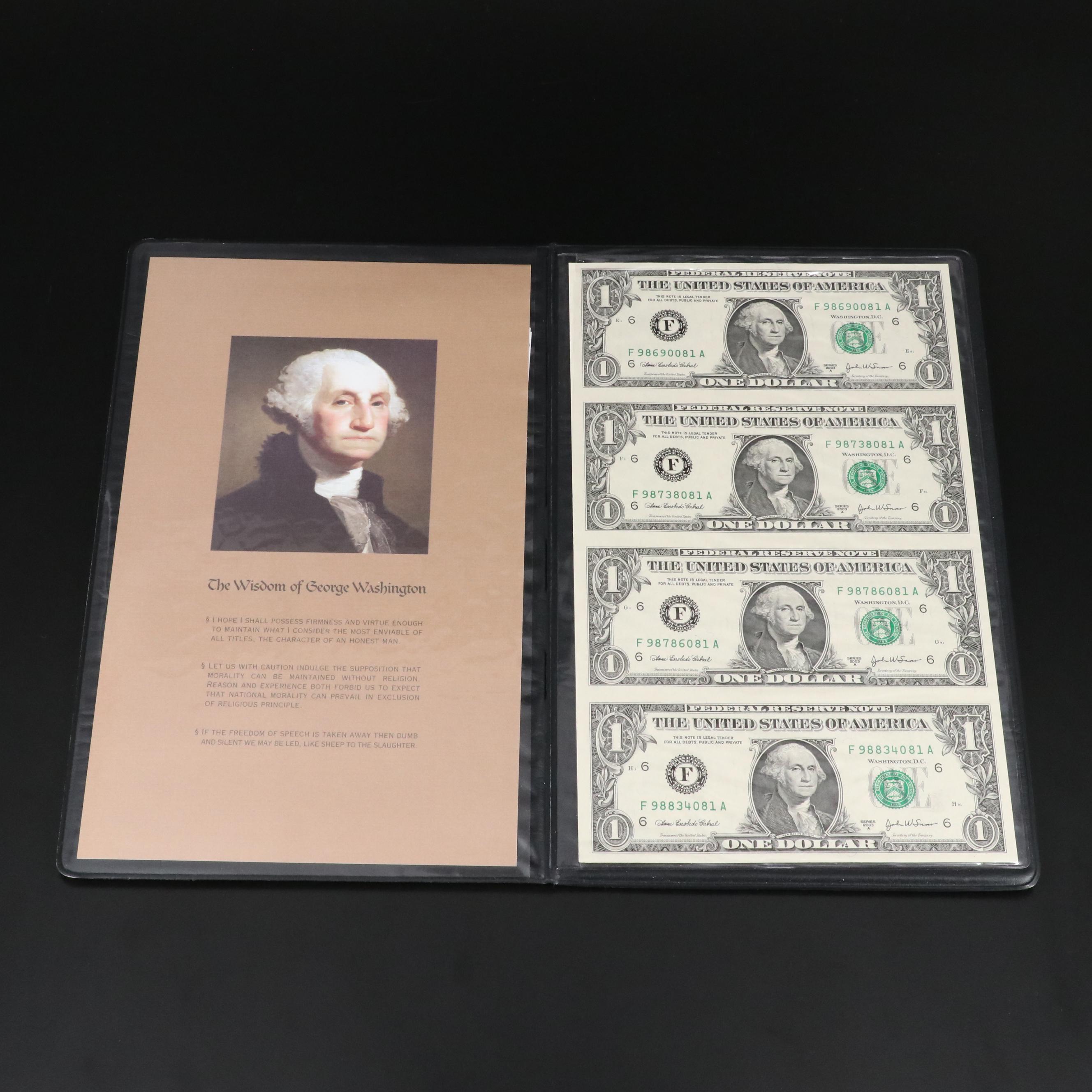 Set of Four Uncut $1 Federal Reserve Notes