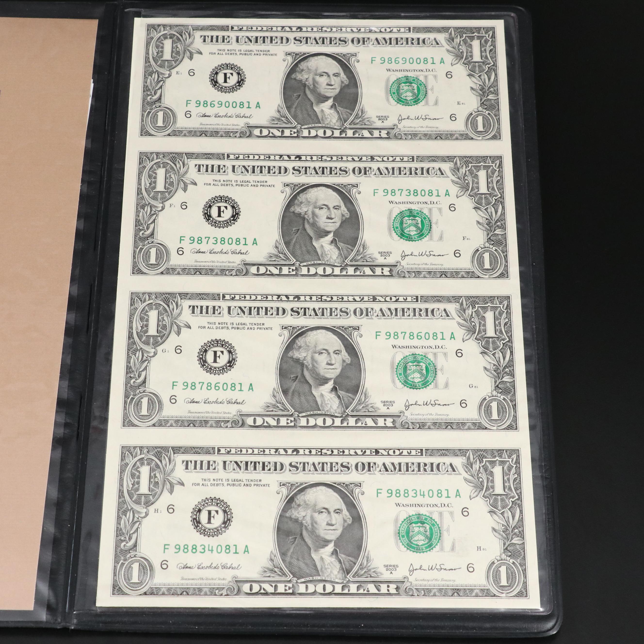 Set of Four Uncut $1 Federal Reserve Notes