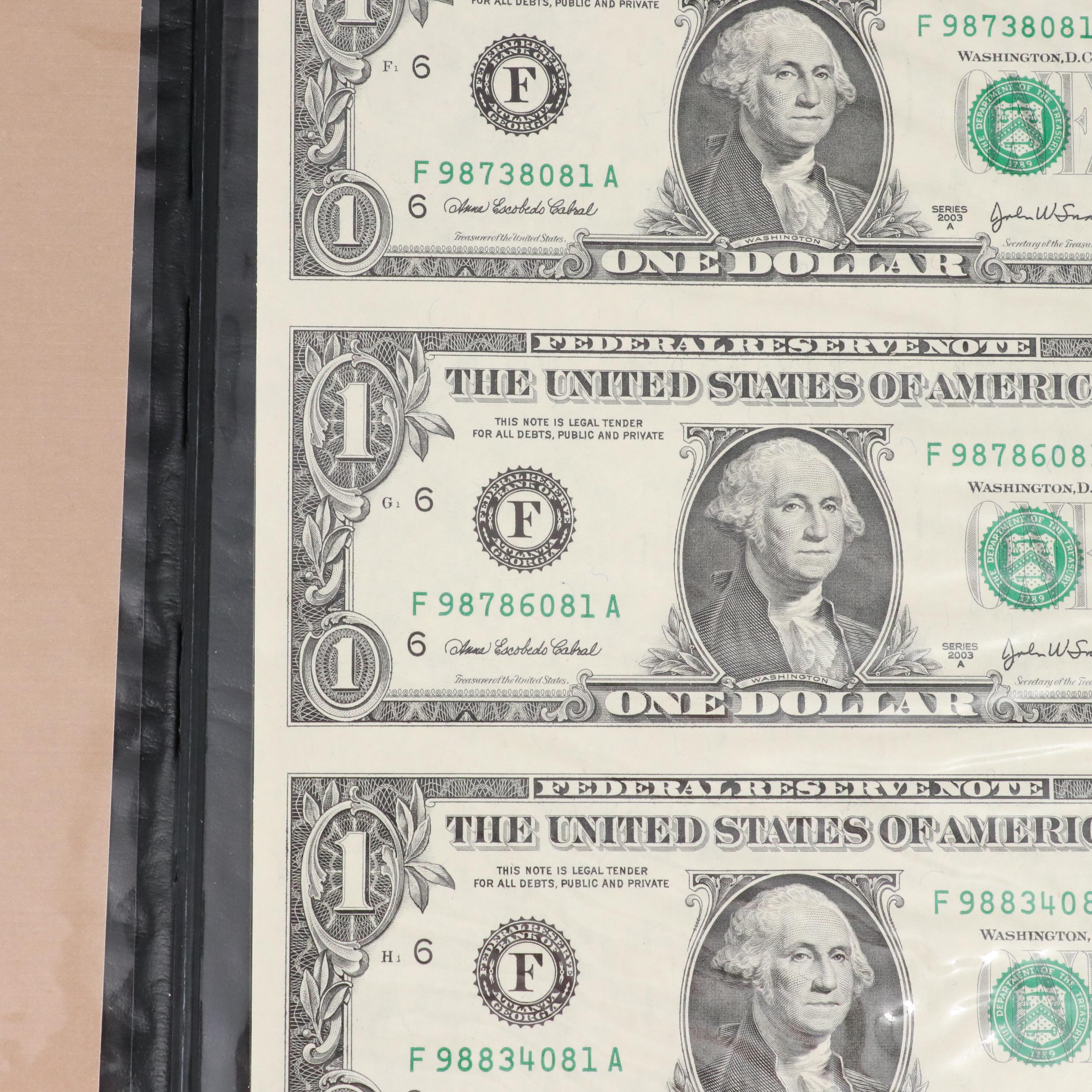 Set of Four Uncut $1 Federal Reserve Notes