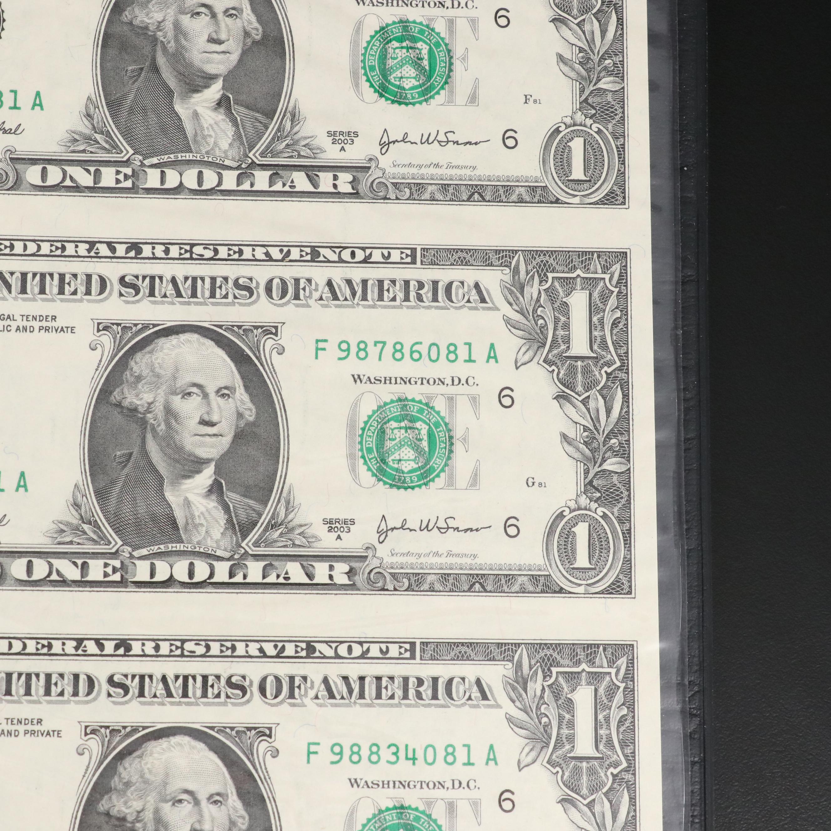 Set of Four Uncut $1 Federal Reserve Notes