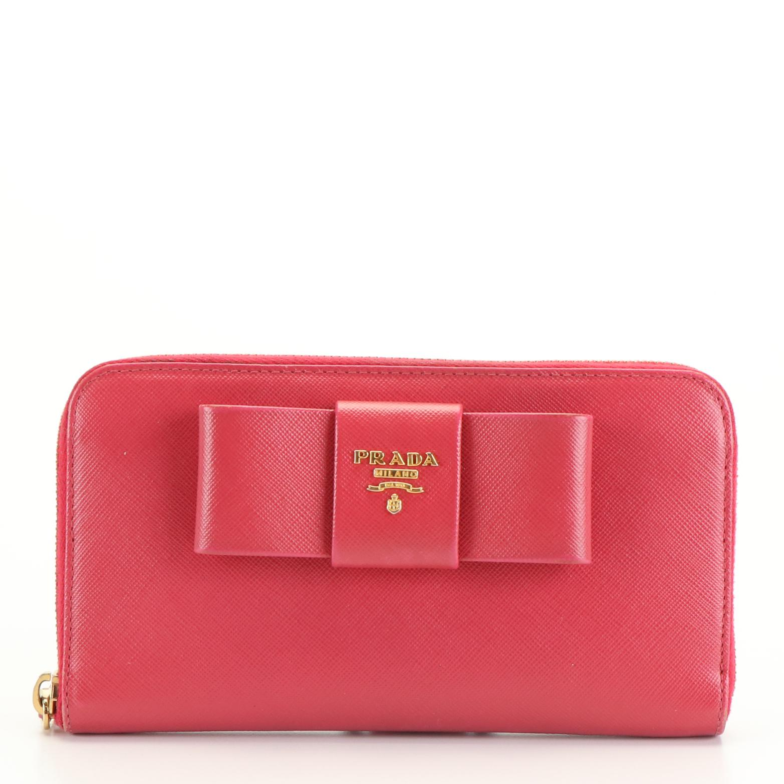 Prada Bow Accented Pink Saffiano Leather Continental Wallet with Box
