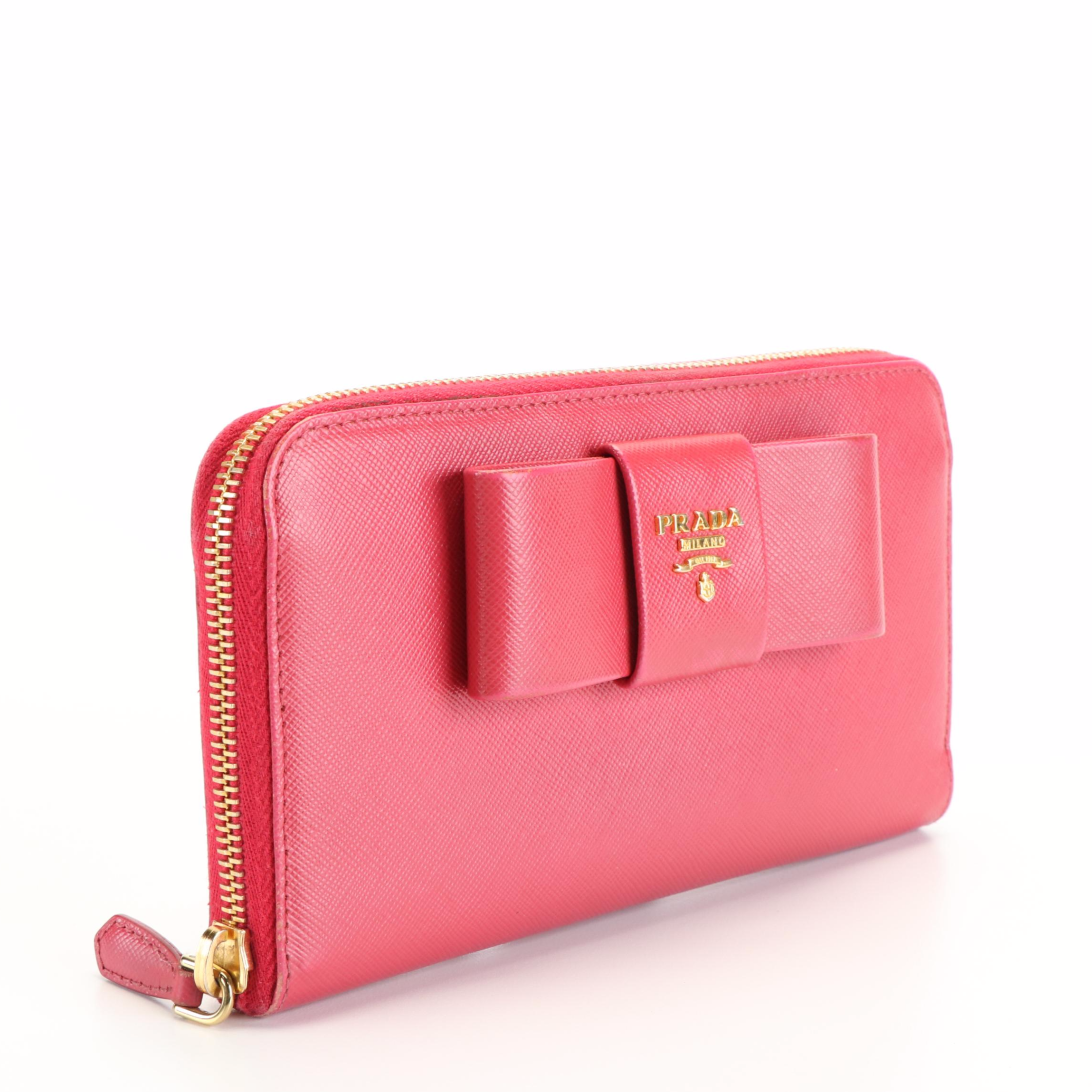 Prada Bow Accented Pink Saffiano Leather Continental Wallet with Box