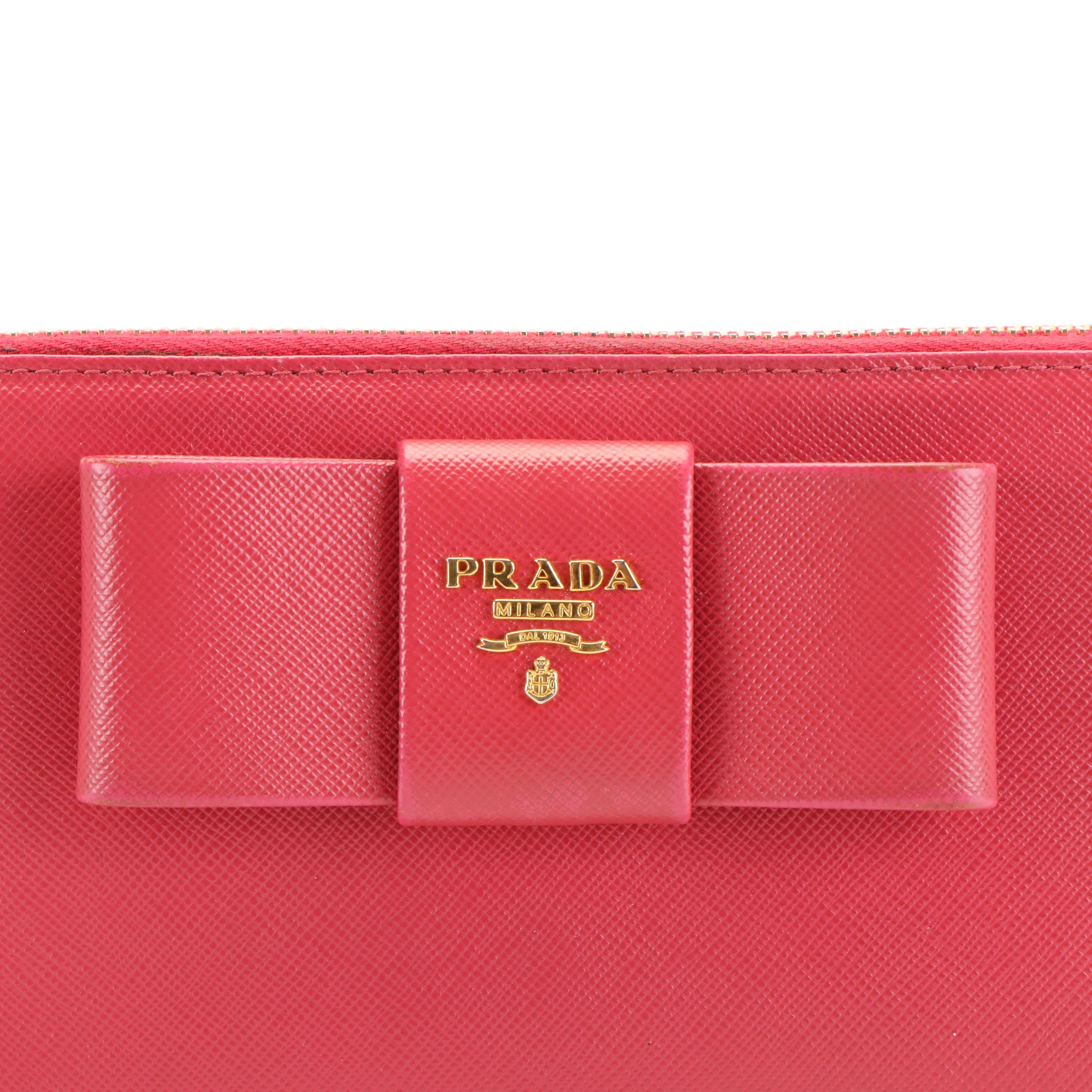 Prada Bow Accented Pink Saffiano Leather Continental Wallet with Box