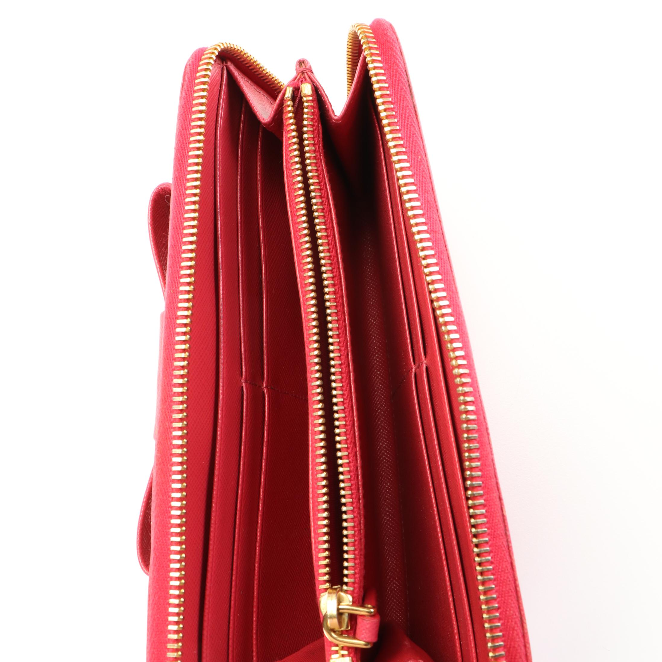 Prada Bow Accented Pink Saffiano Leather Continental Wallet with Box