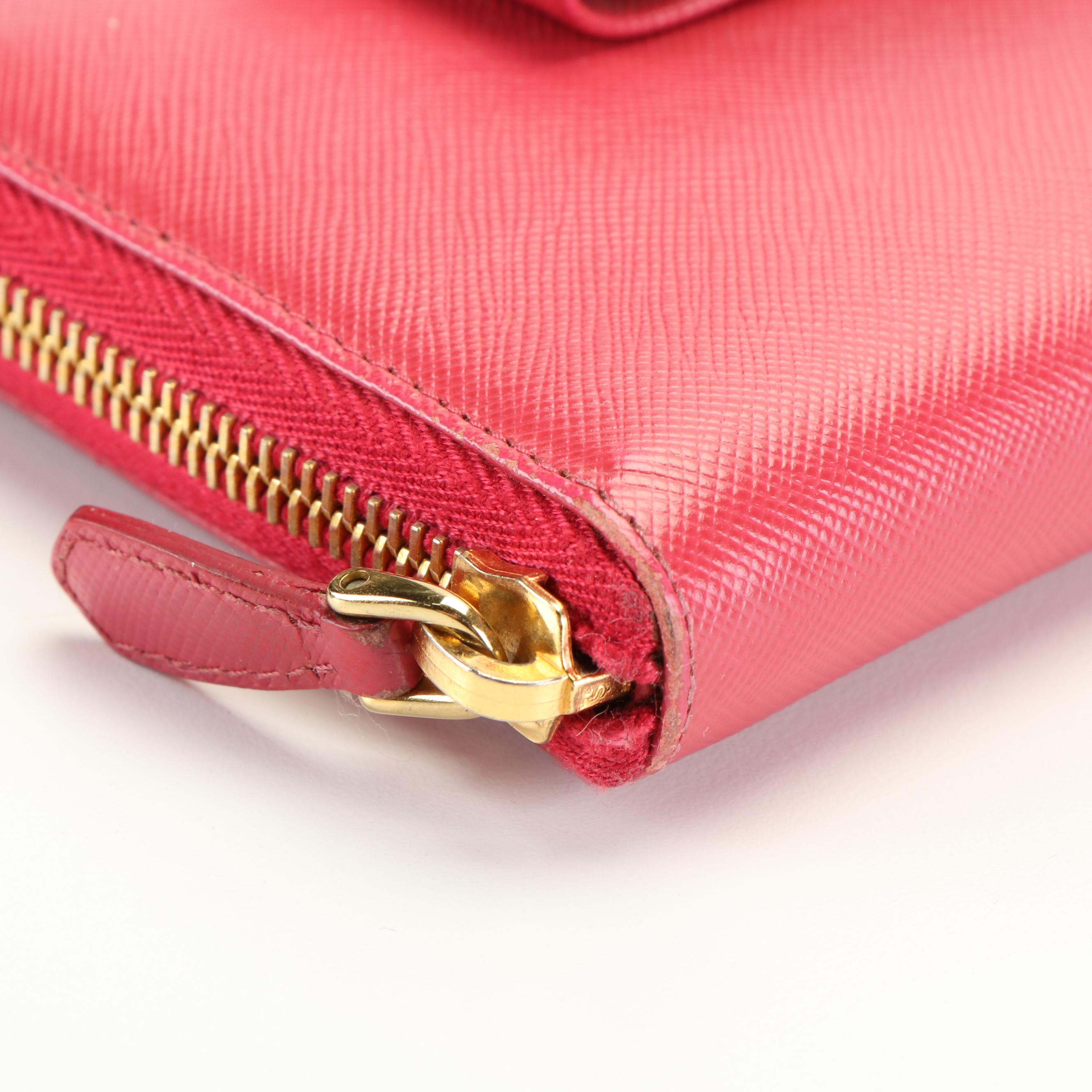 Prada Bow Accented Pink Saffiano Leather Continental Wallet with Box