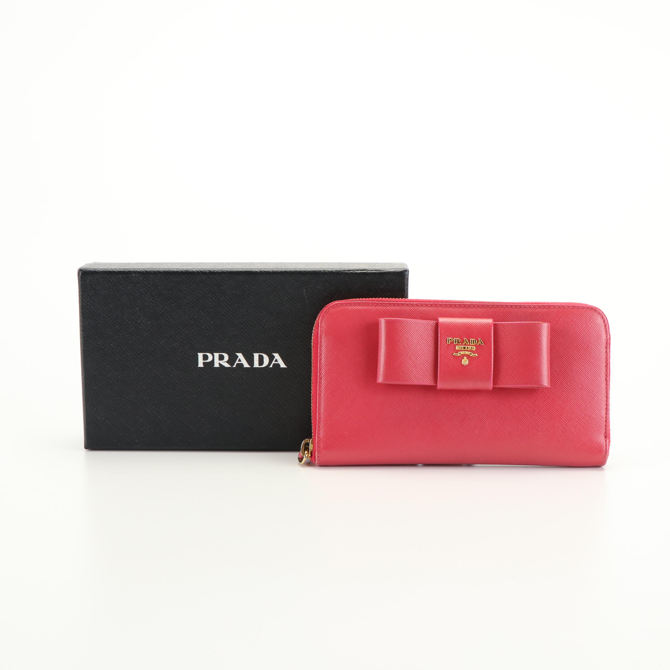 Prada Bow Accented Pink Saffiano Leather Continental Wallet with Box