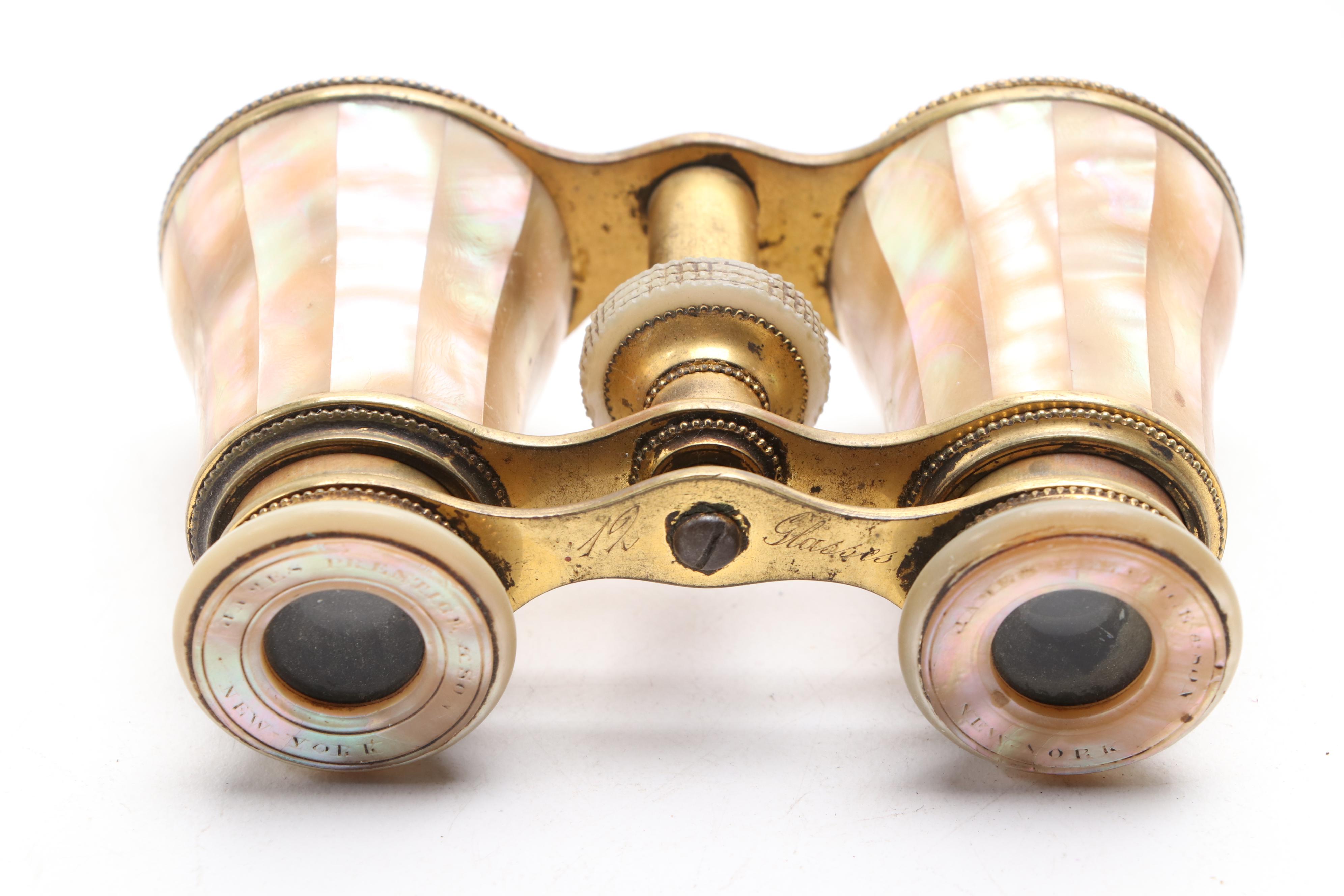 Mother of Pearl and Brass Opera Glasses with Embossed Gilt Leather