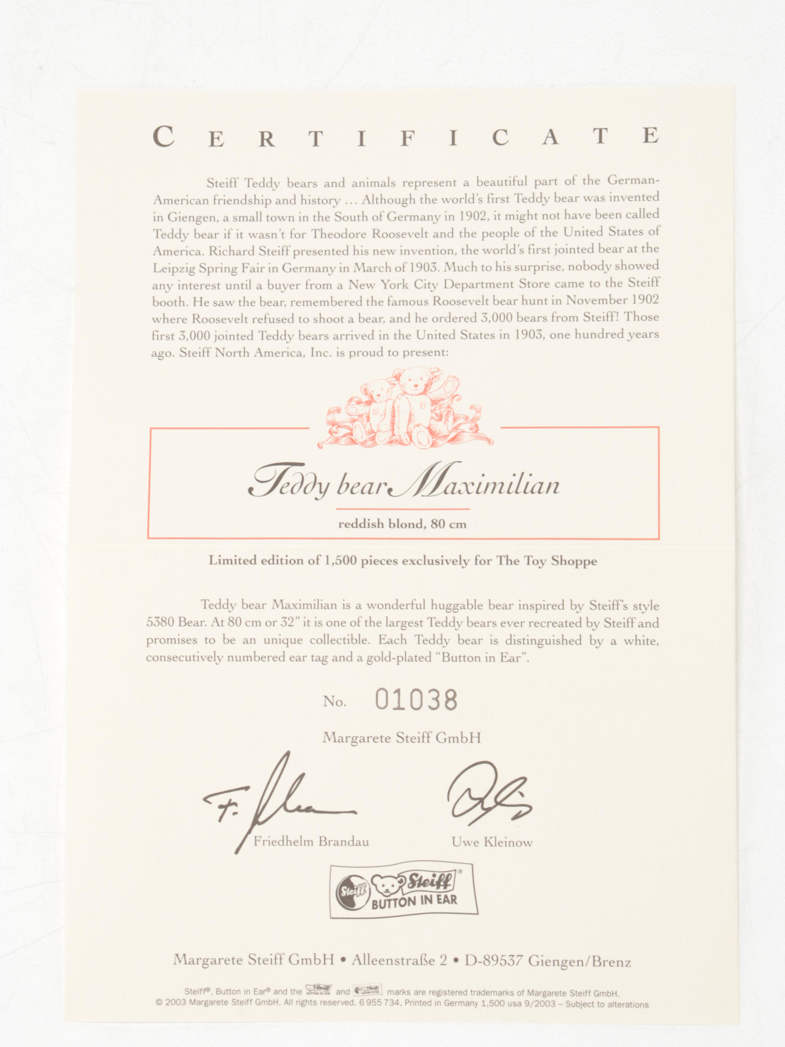 Steiff Limited Edition "Maximilian" Jointed Teddy Bear, 2003