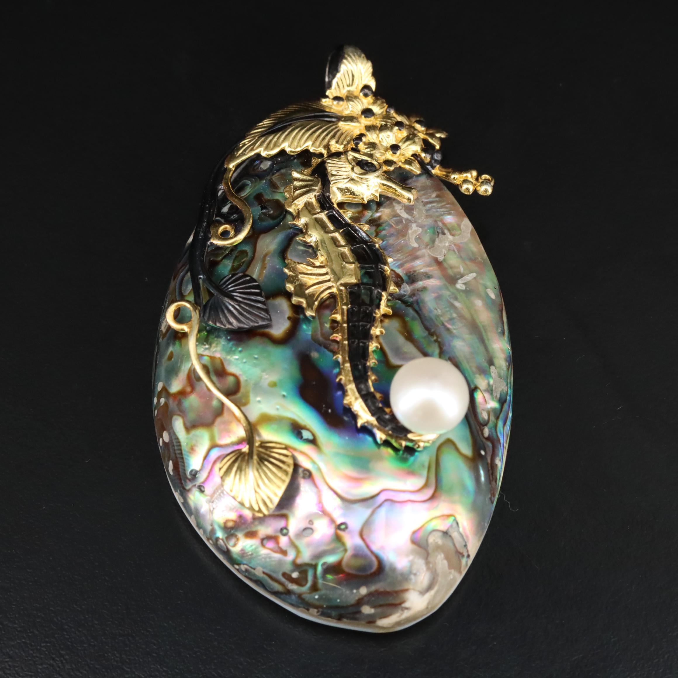 Sterling Abalone, Mother of Pearl and Pearl Seahorse Pendant