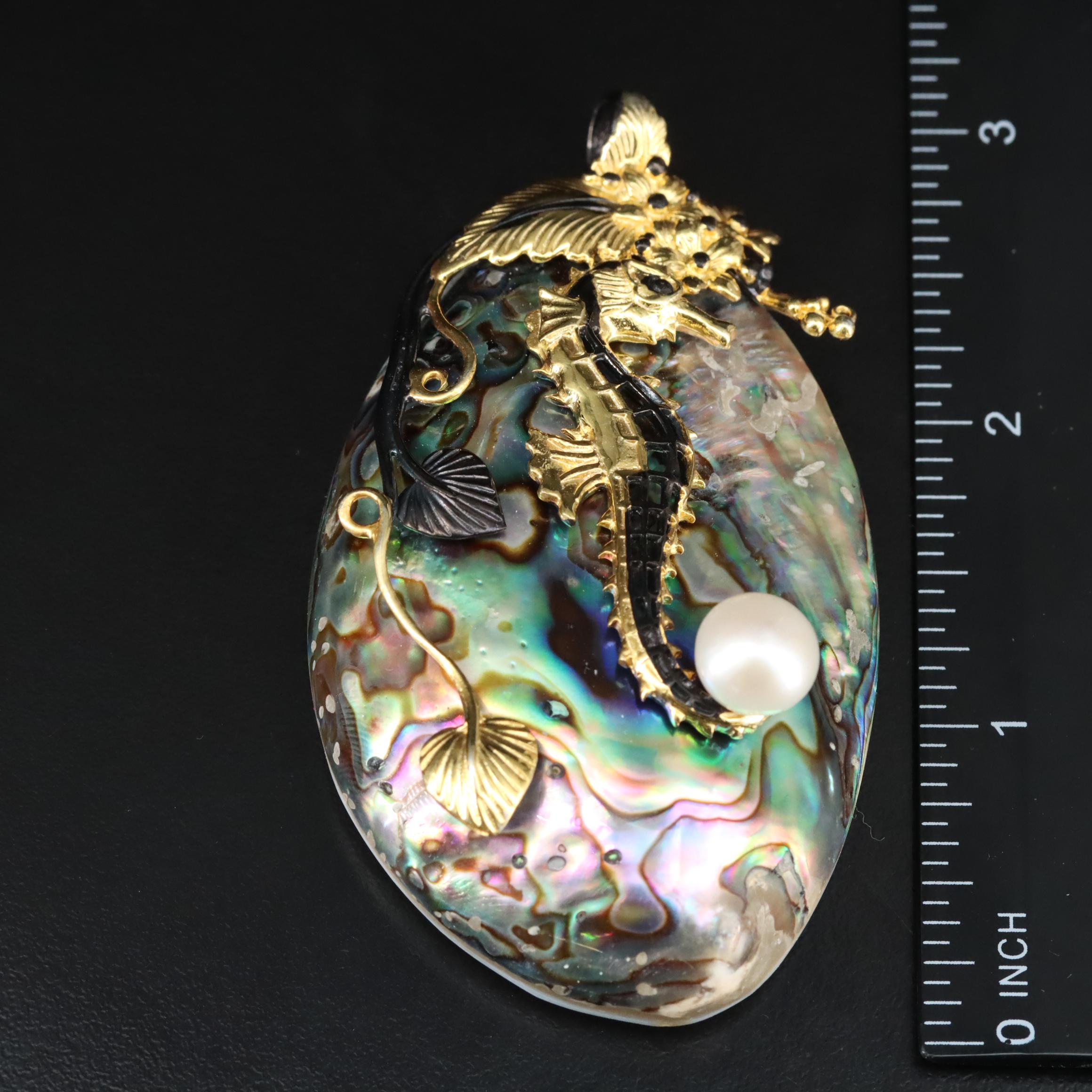 Sterling Abalone, Mother of Pearl and Pearl Seahorse Pendant