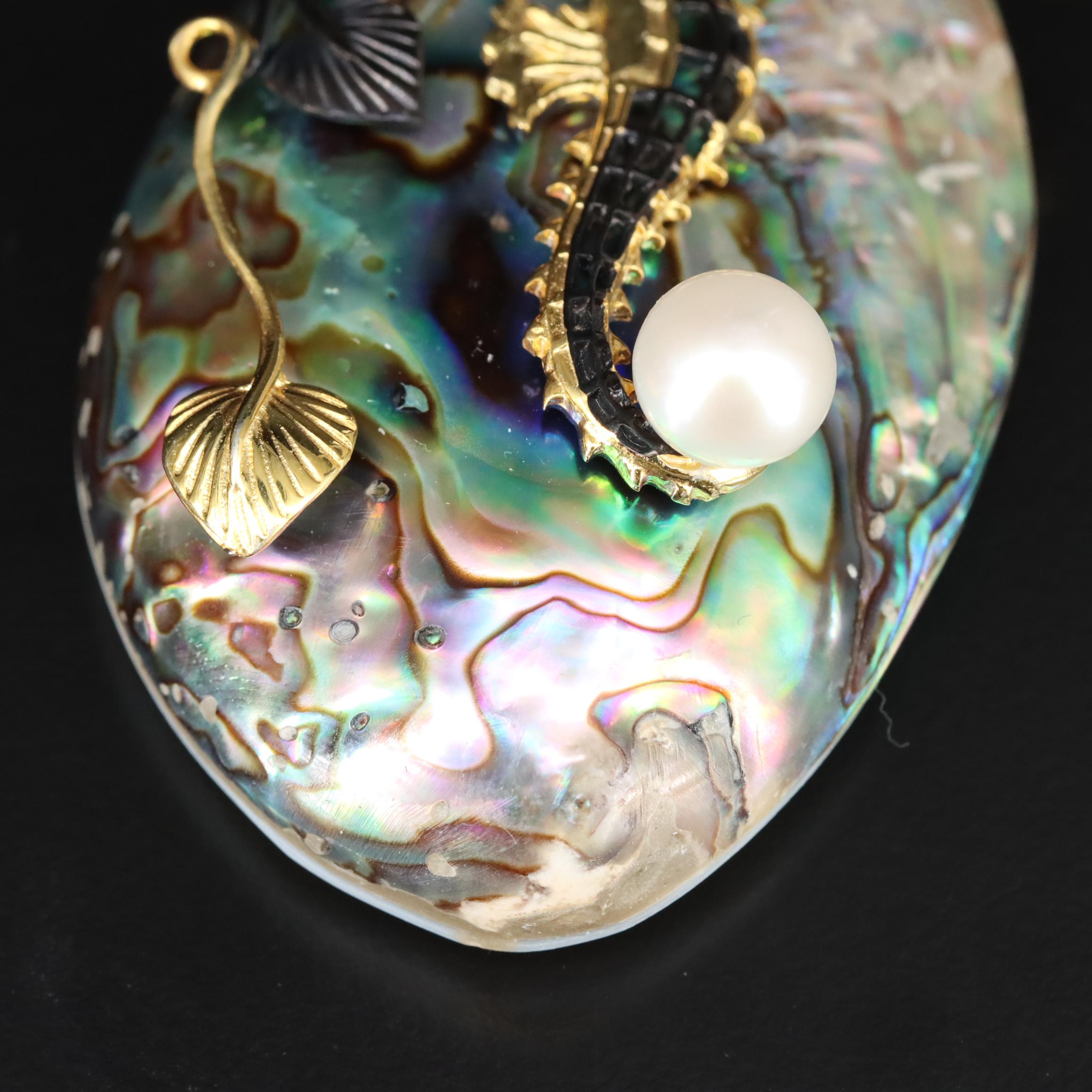 Sterling Abalone, Mother of Pearl and Pearl Seahorse Pendant