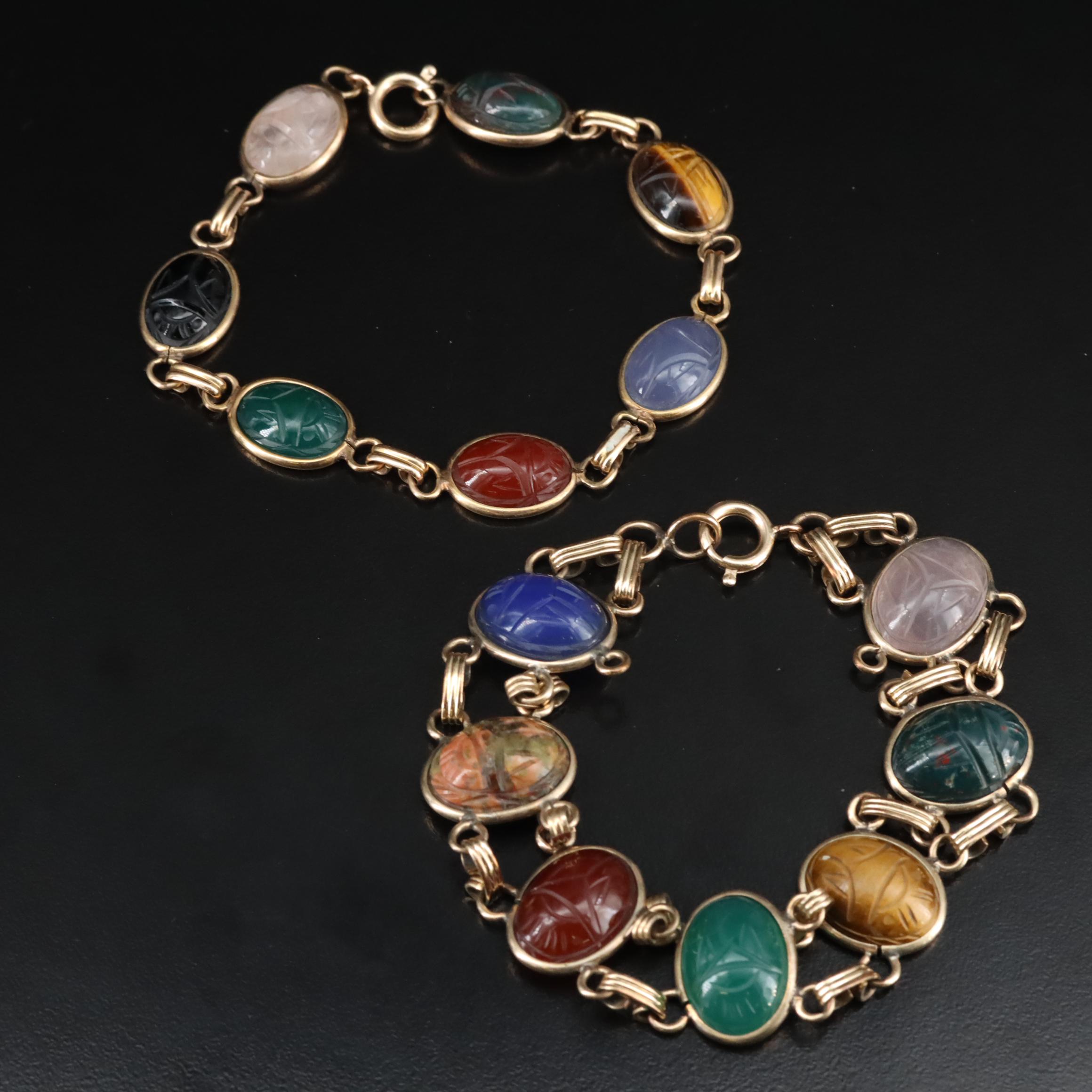 Vintage Gold-Filled Bloodstone, Carnelian and Rose Quartz Scarab Bracelets
