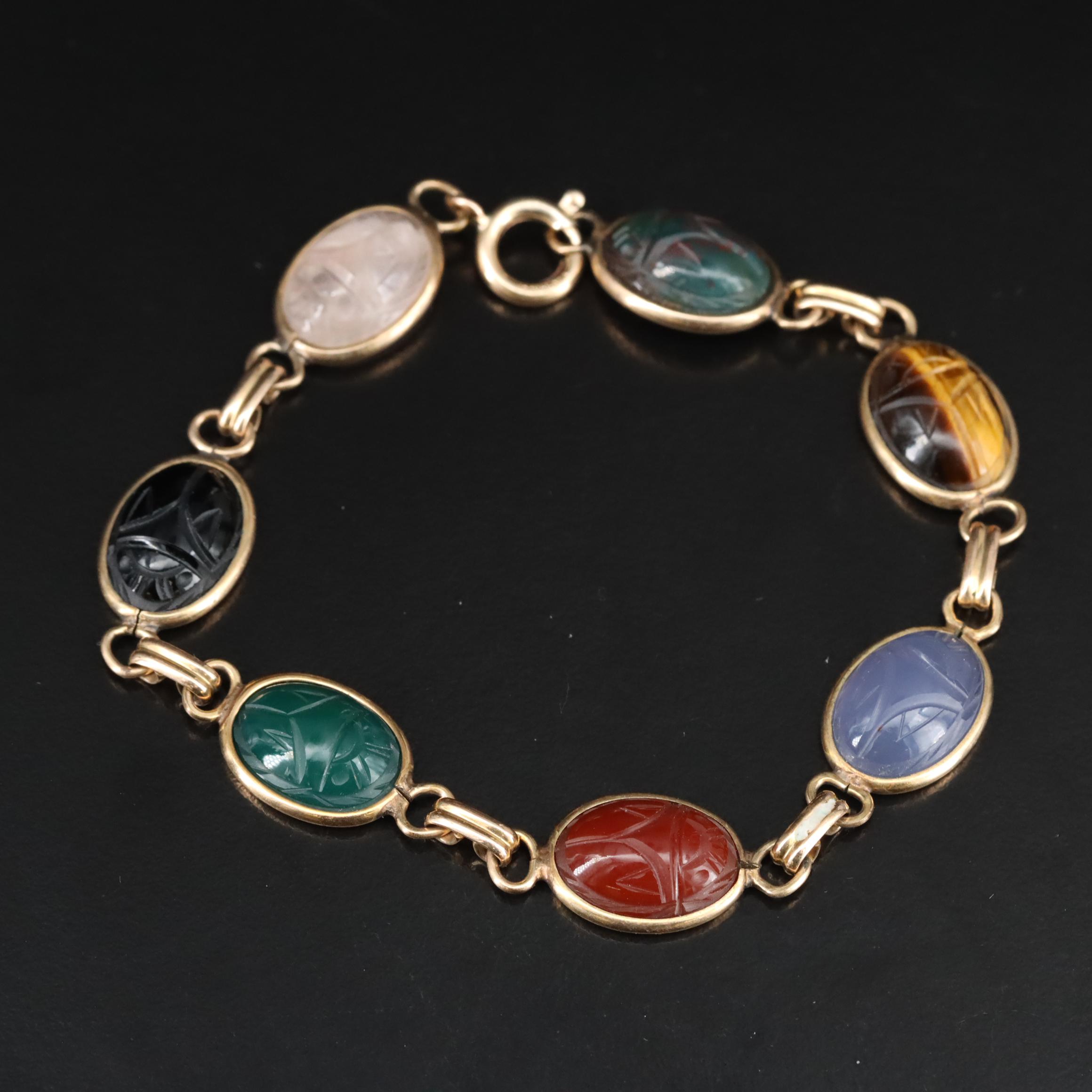 Vintage Gold-Filled Bloodstone, Carnelian and Rose Quartz Scarab Bracelets