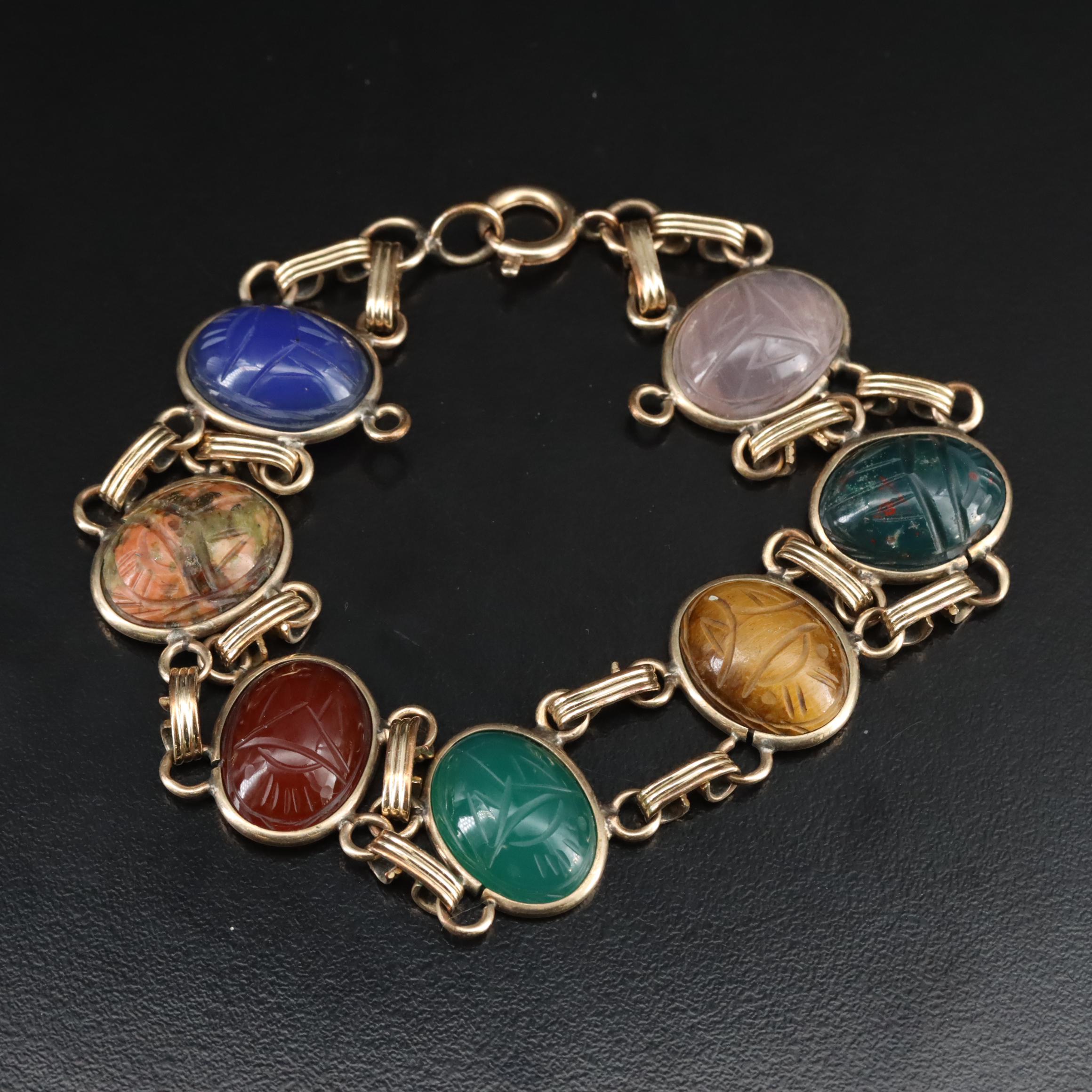 Vintage Gold-Filled Bloodstone, Carnelian and Rose Quartz Scarab Bracelets
