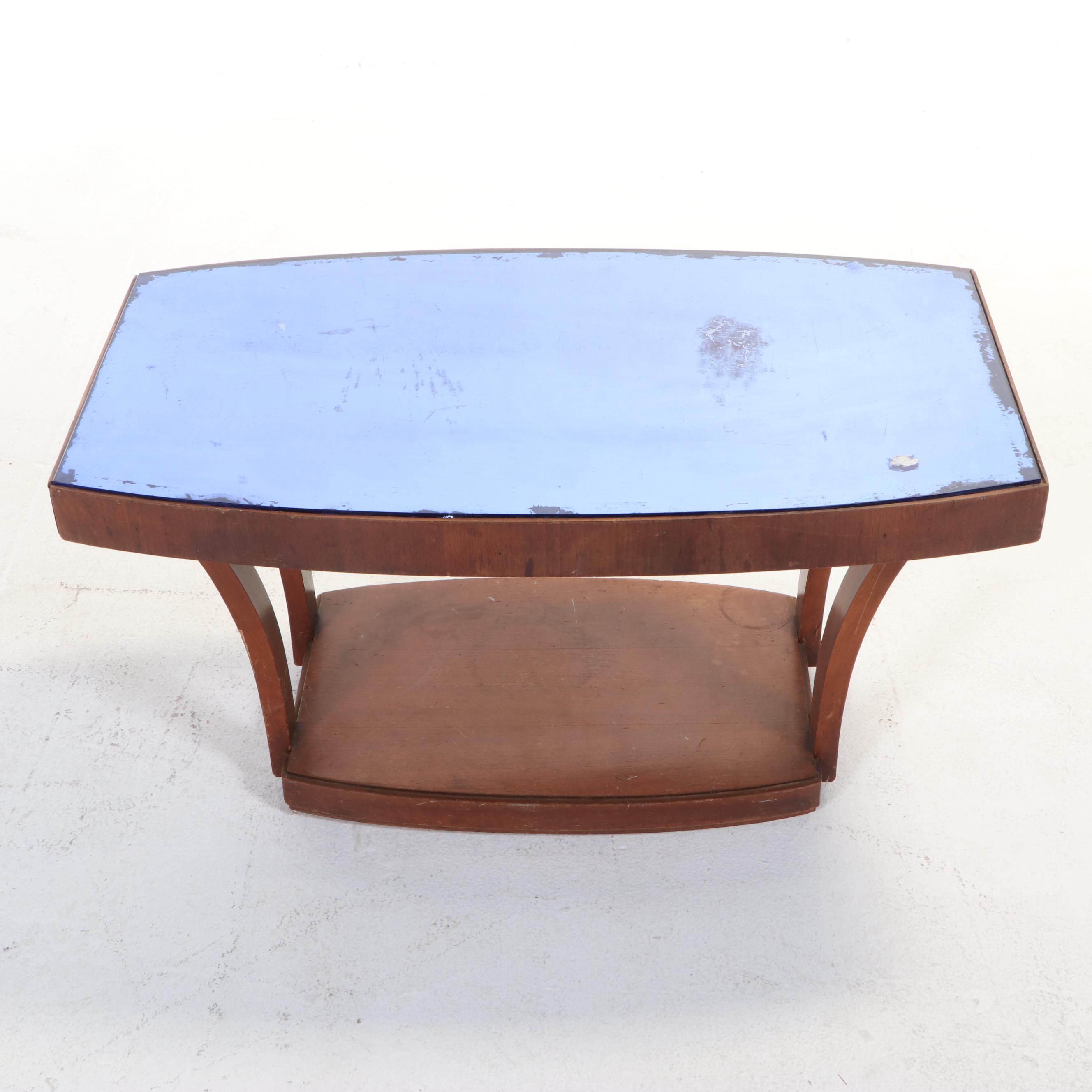 Art Deco Walnut and Blue Mirrored Glass Coffee Table, circa 1940