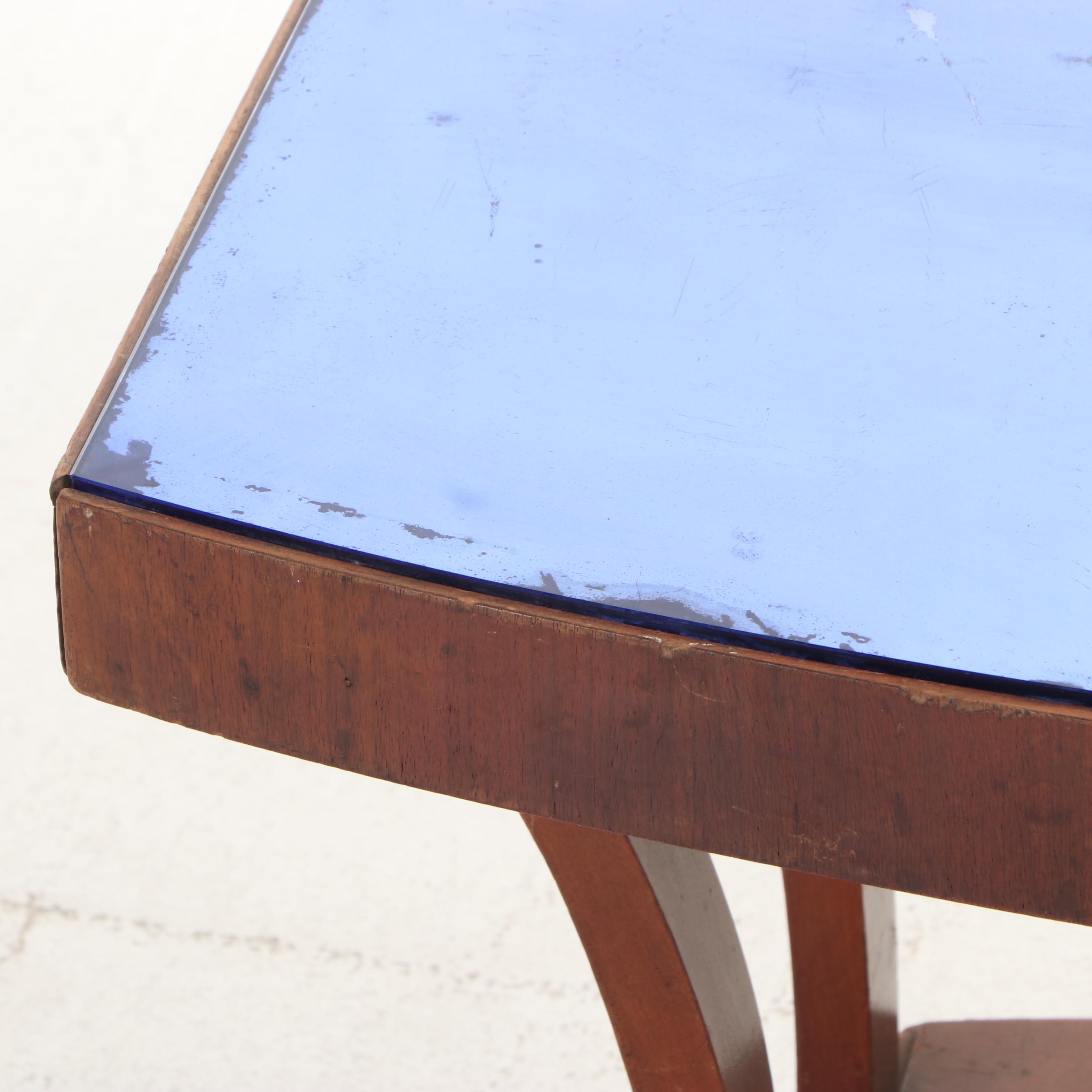 Art Deco Walnut and Blue Mirrored Glass Coffee Table, circa 1940