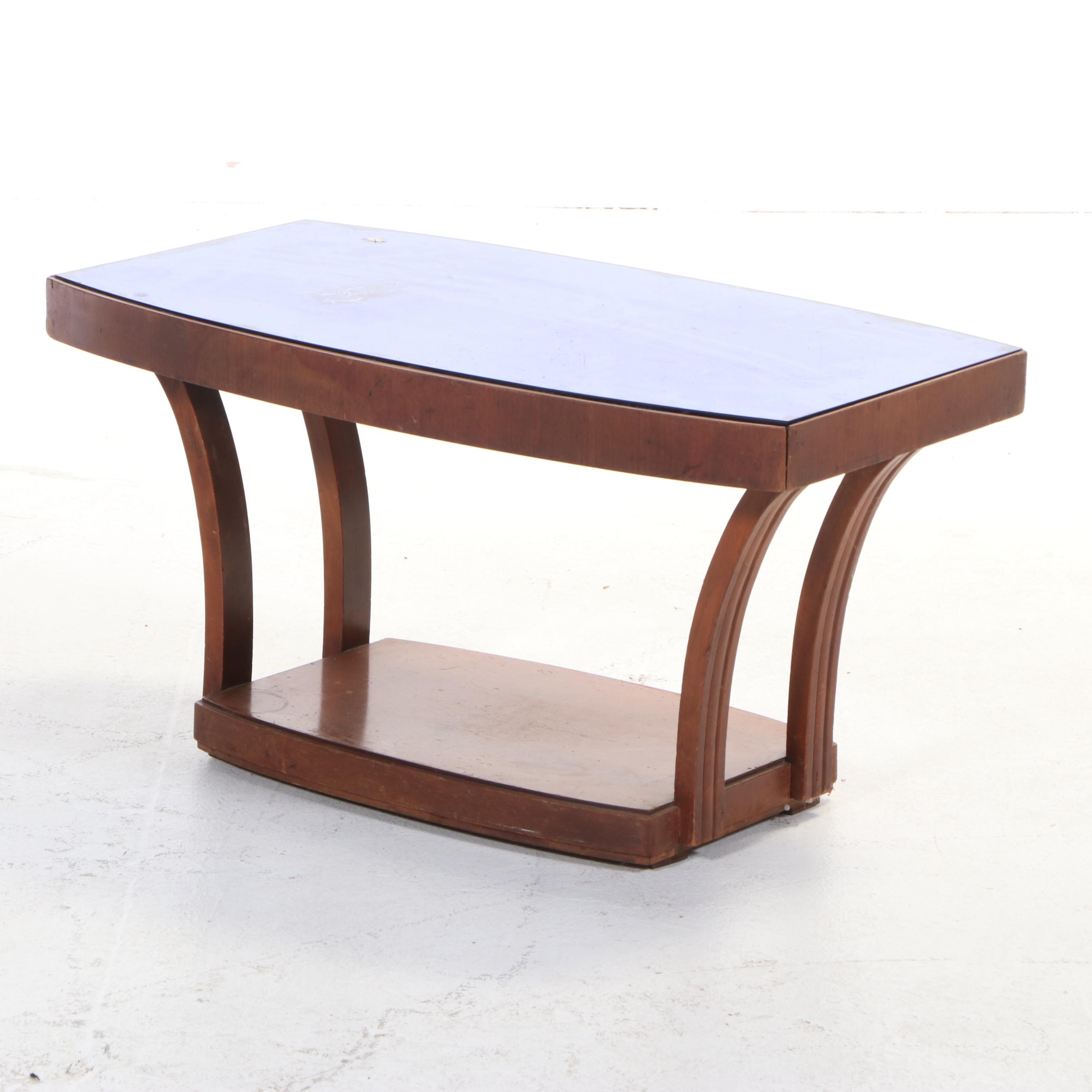 Art Deco Walnut and Blue Mirrored Glass Coffee Table, circa 1940