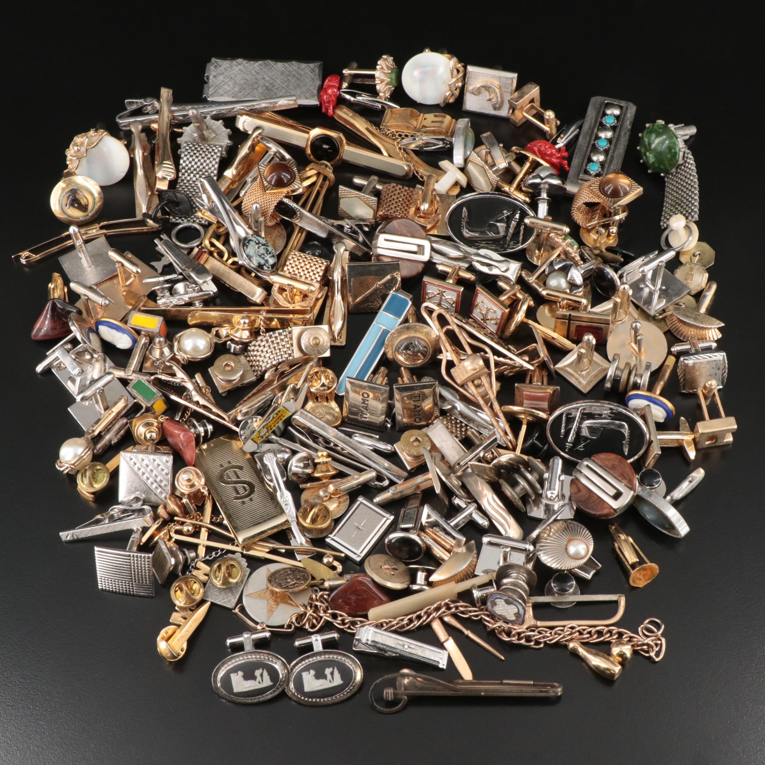Mens Collection of Cufflinks, Tie Tacs, and Pins Including Sterling