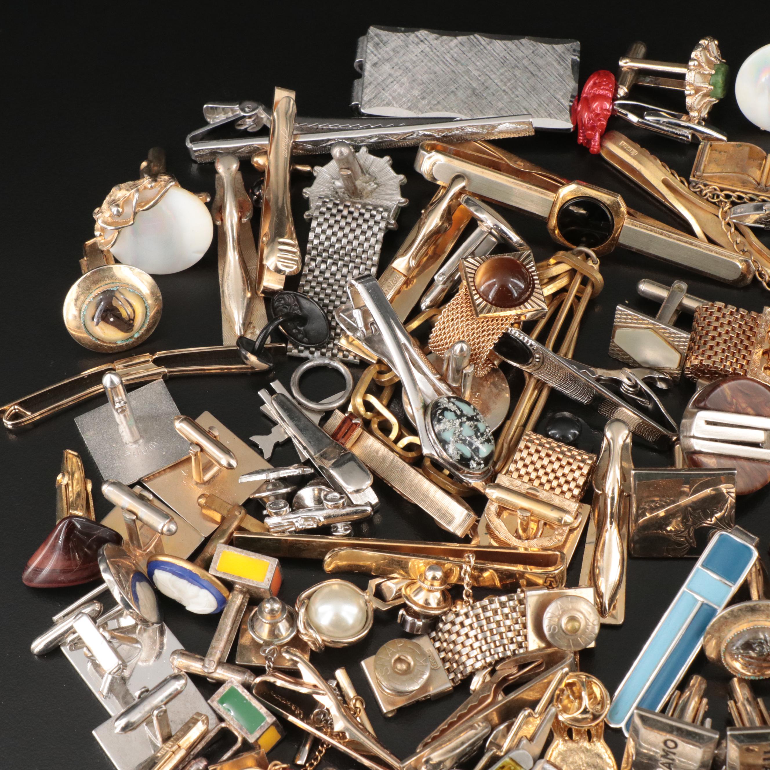 Mens Collection of Cufflinks, Tie Tacs, and Pins Including Sterling