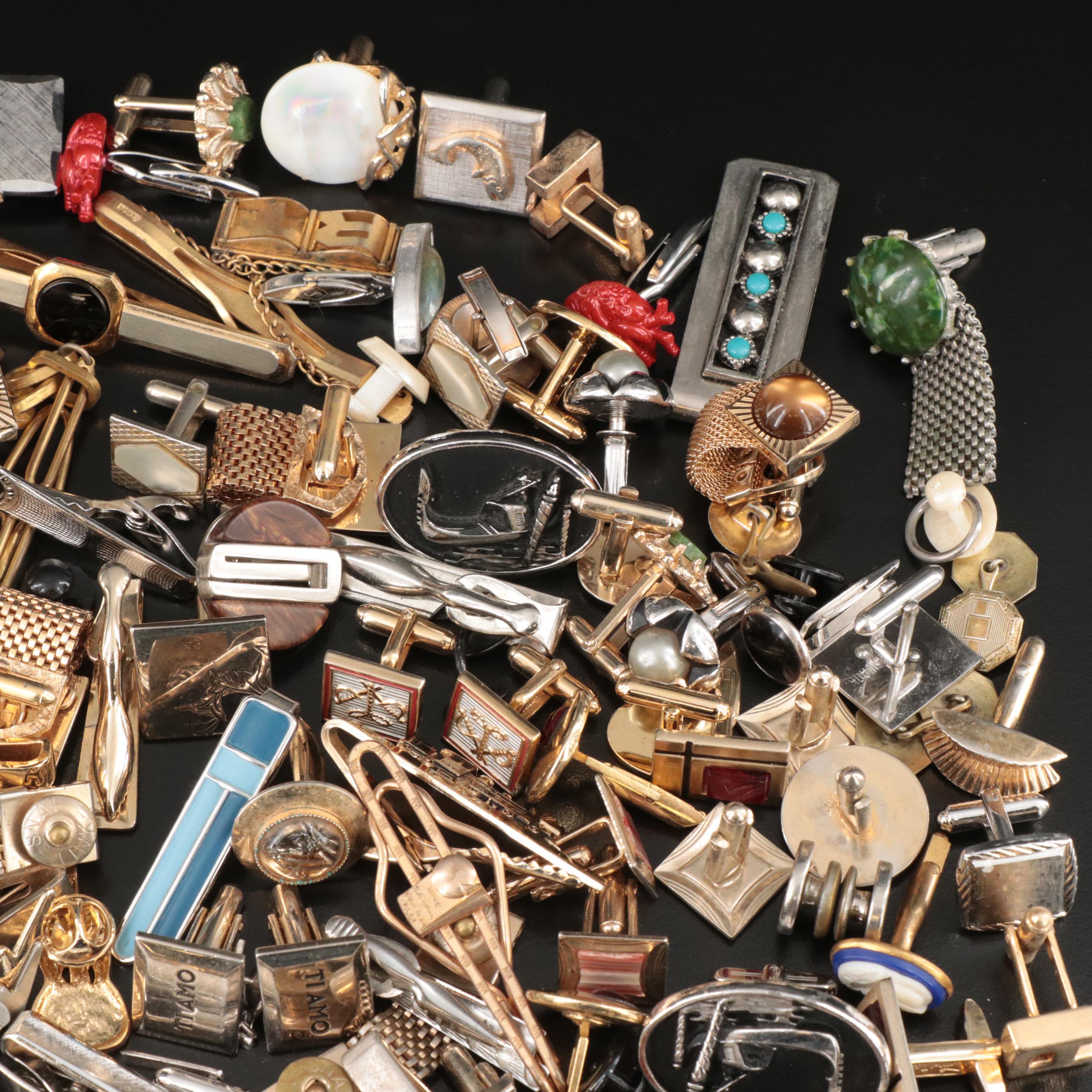 Mens Collection of Cufflinks, Tie Tacs, and Pins Including Sterling