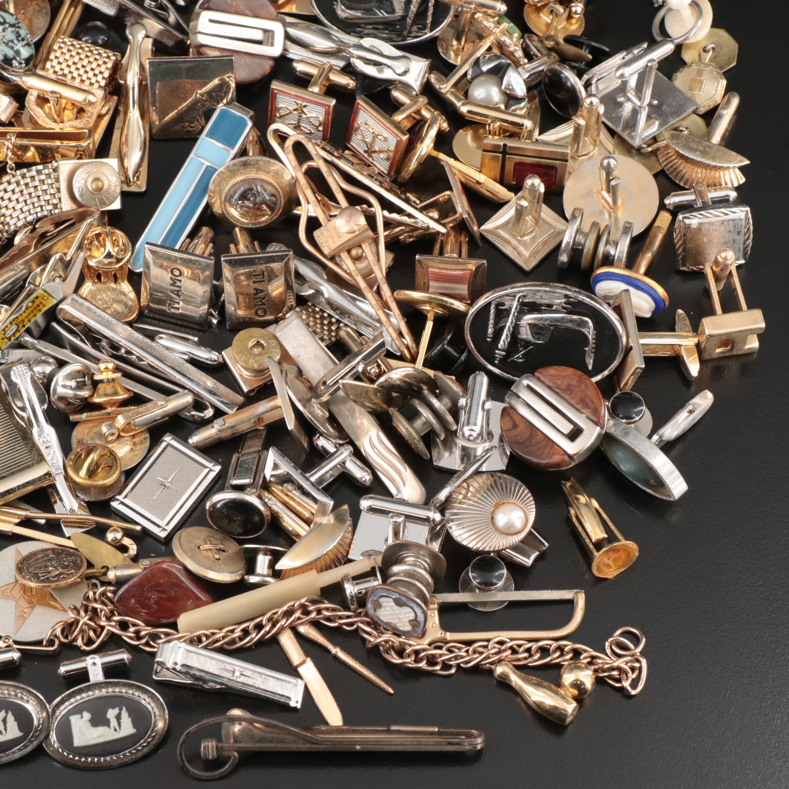 Mens Collection of Cufflinks, Tie Tacs, and Pins Including Sterling