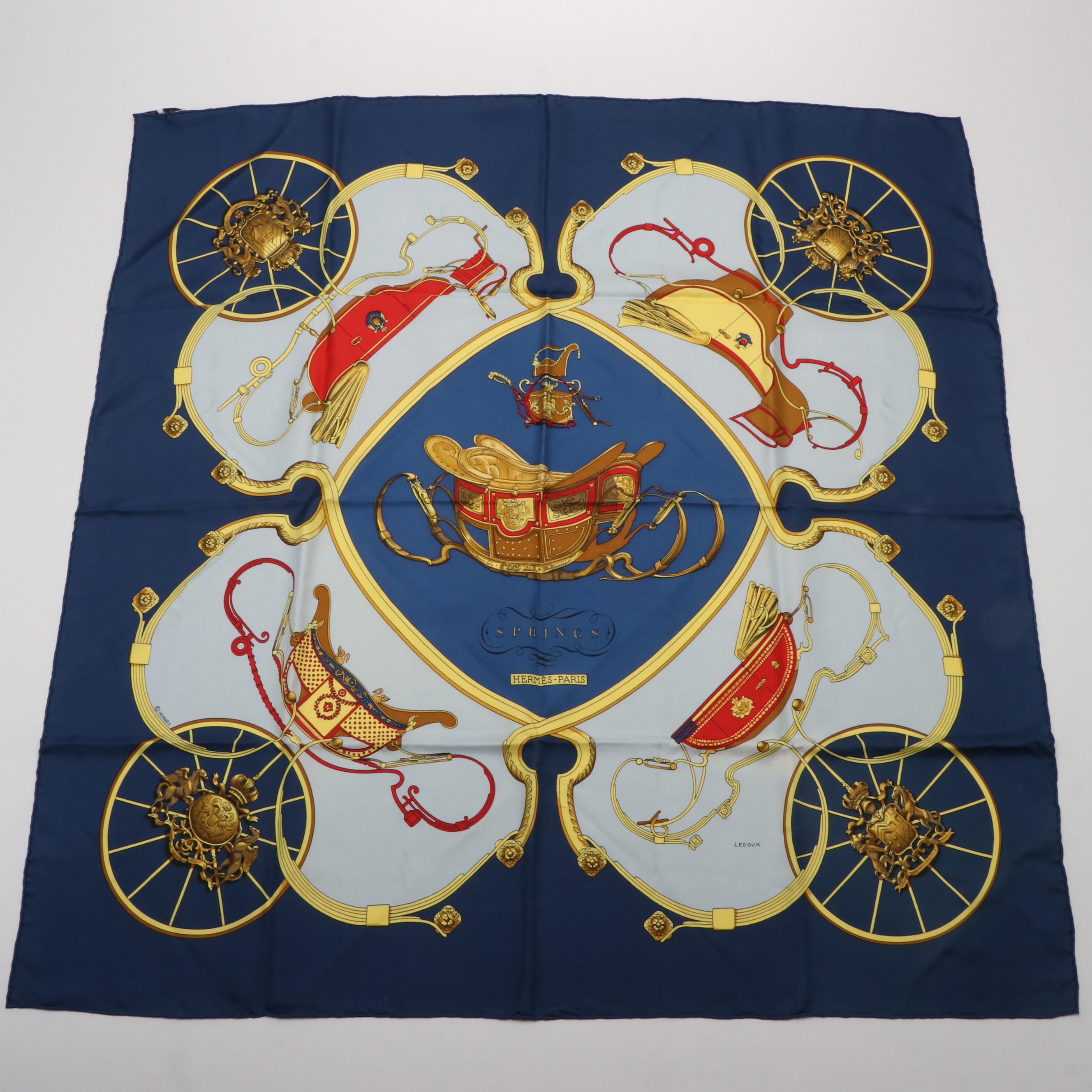 Hermès "Springs" Navy and Blue Silk Scarf