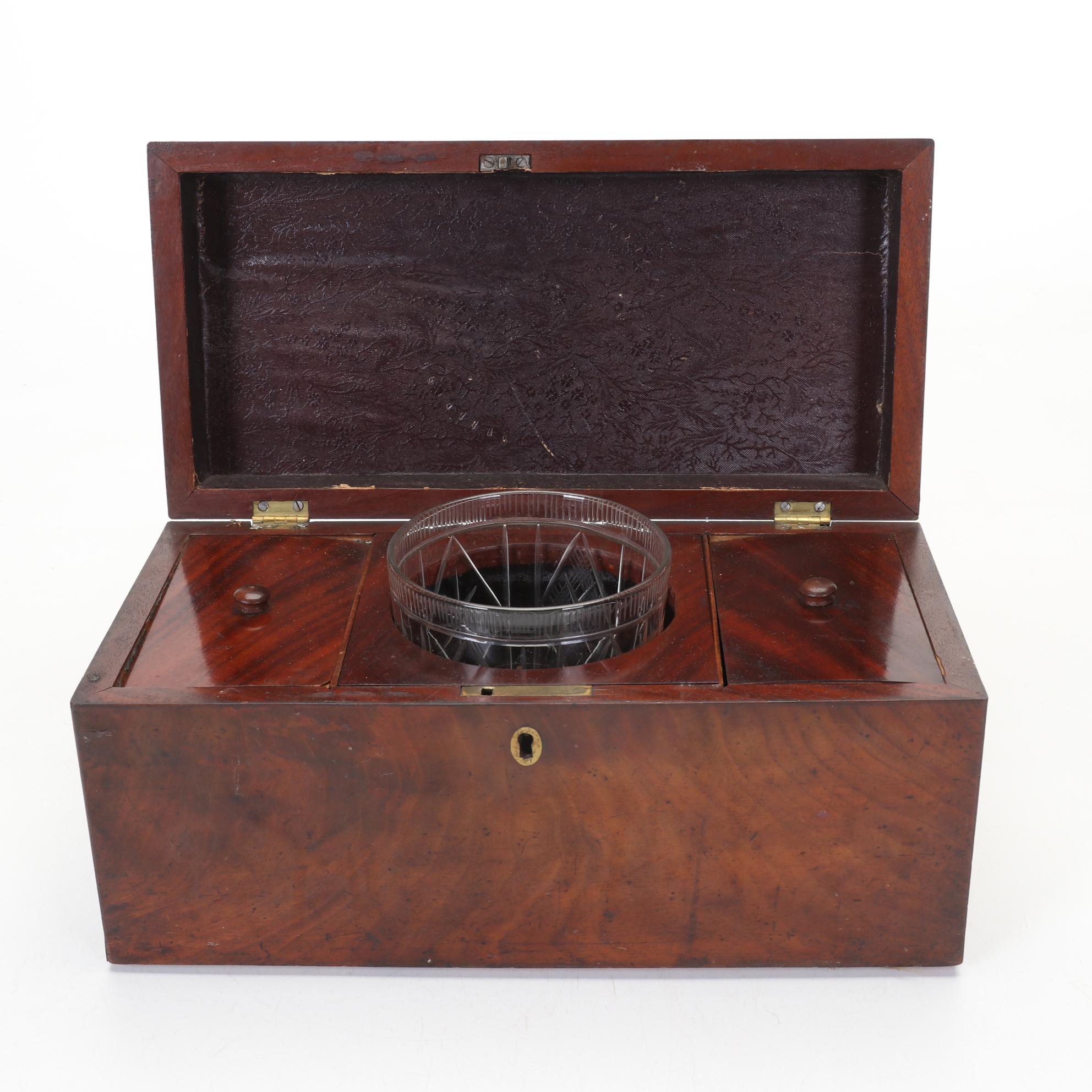 Two-Compartment Veneer and Embossed Leather Tea Caddy, Late 19th Century