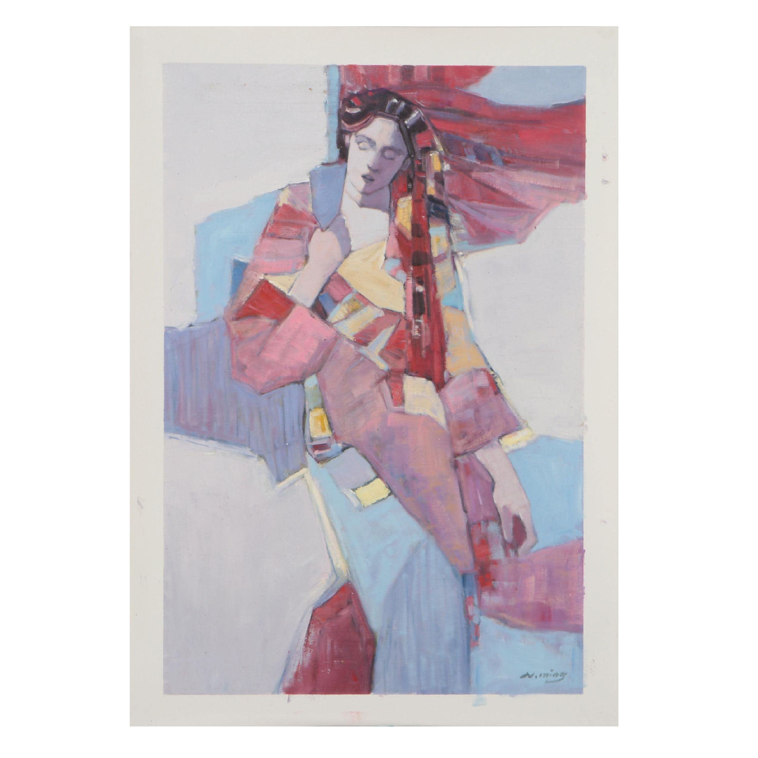 N. Ming Stylized Figural Oil Painting, 21st Century