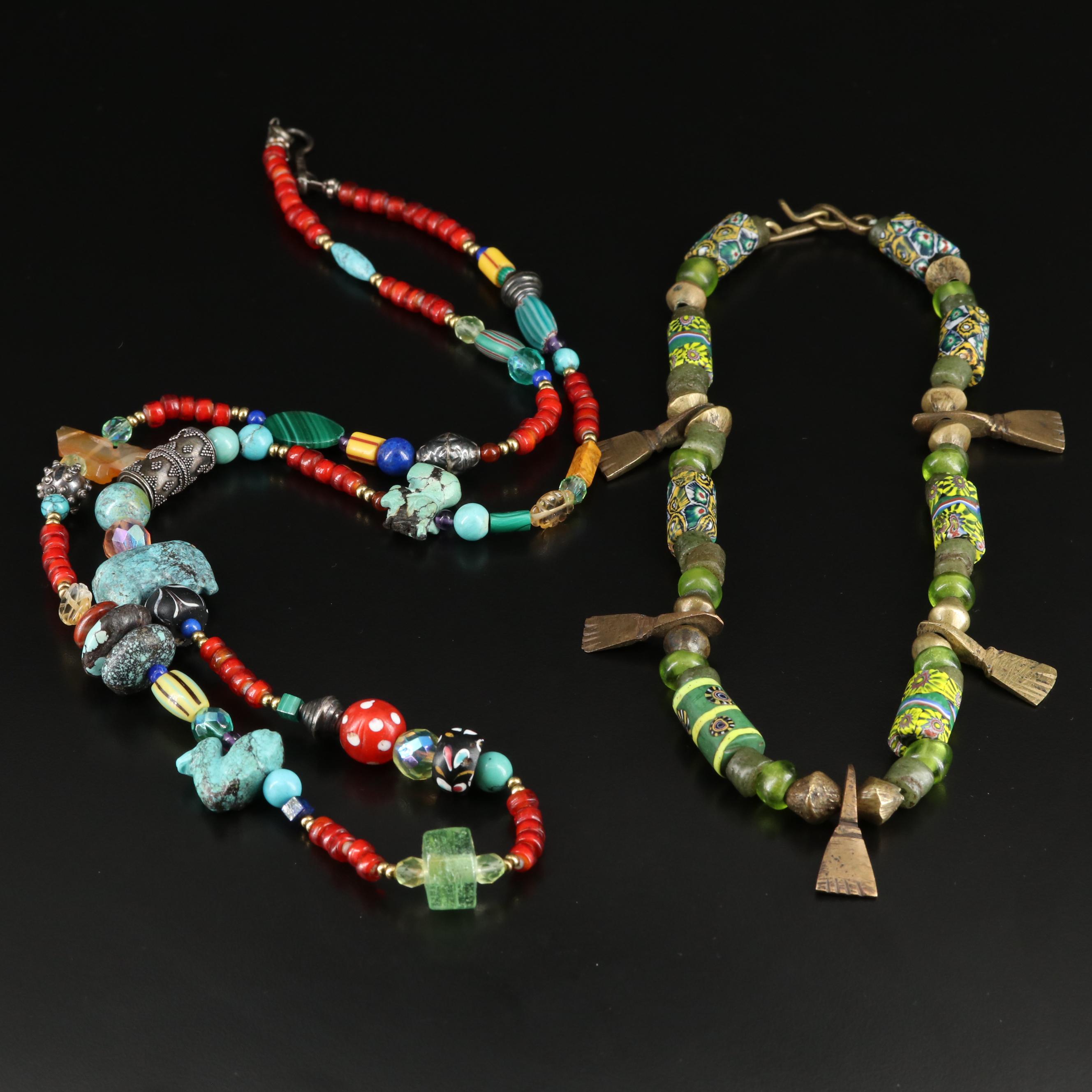 Tribal Bead Necklaces Featuring Brass, Sterling and Glass Beads