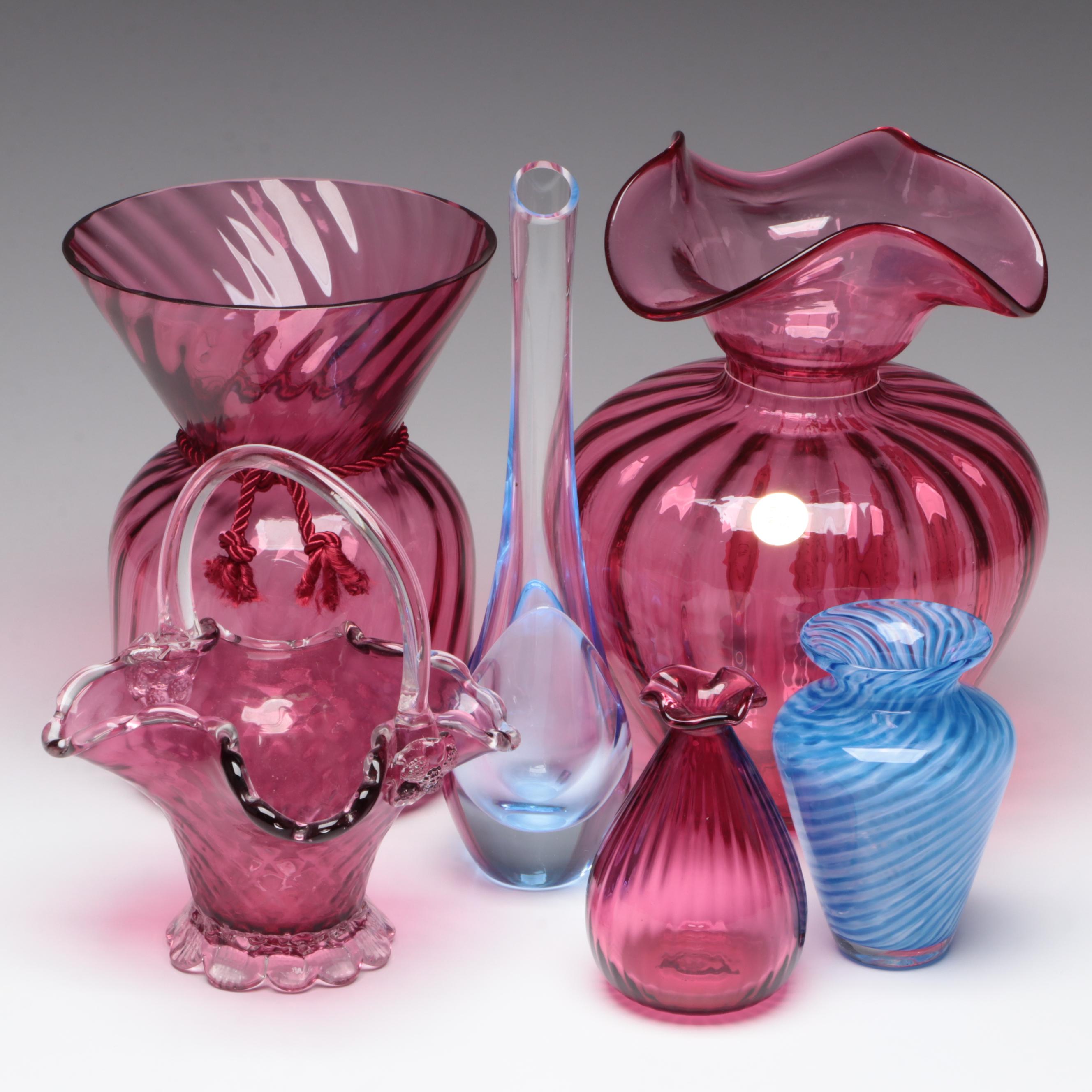 Mats Jonasson Crystal Bud Vase with Swirled Blue Vase and Cranberry Glass Vases