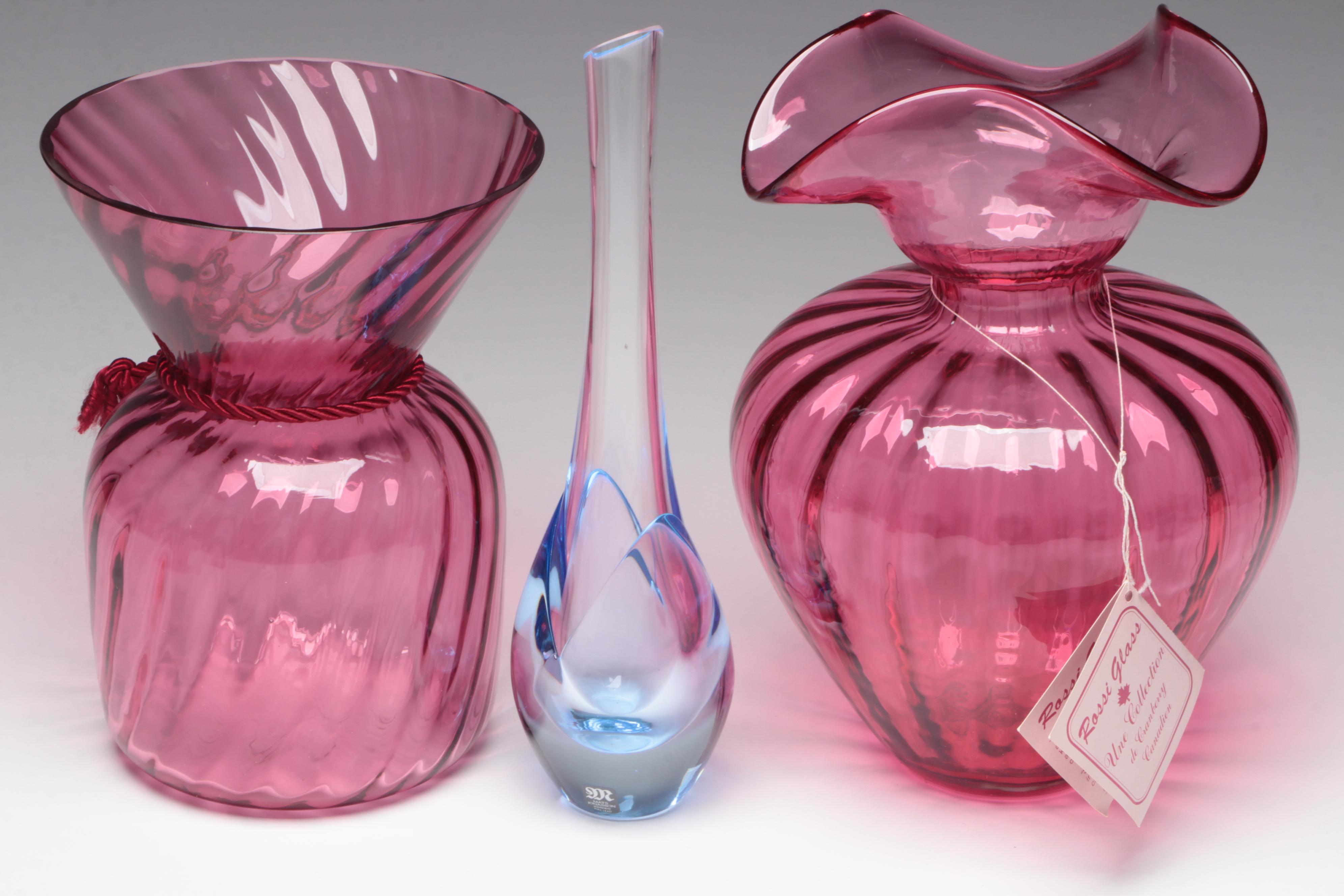 Mats Jonasson Crystal Bud Vase with Swirled Blue Vase and Cranberry Glass Vases