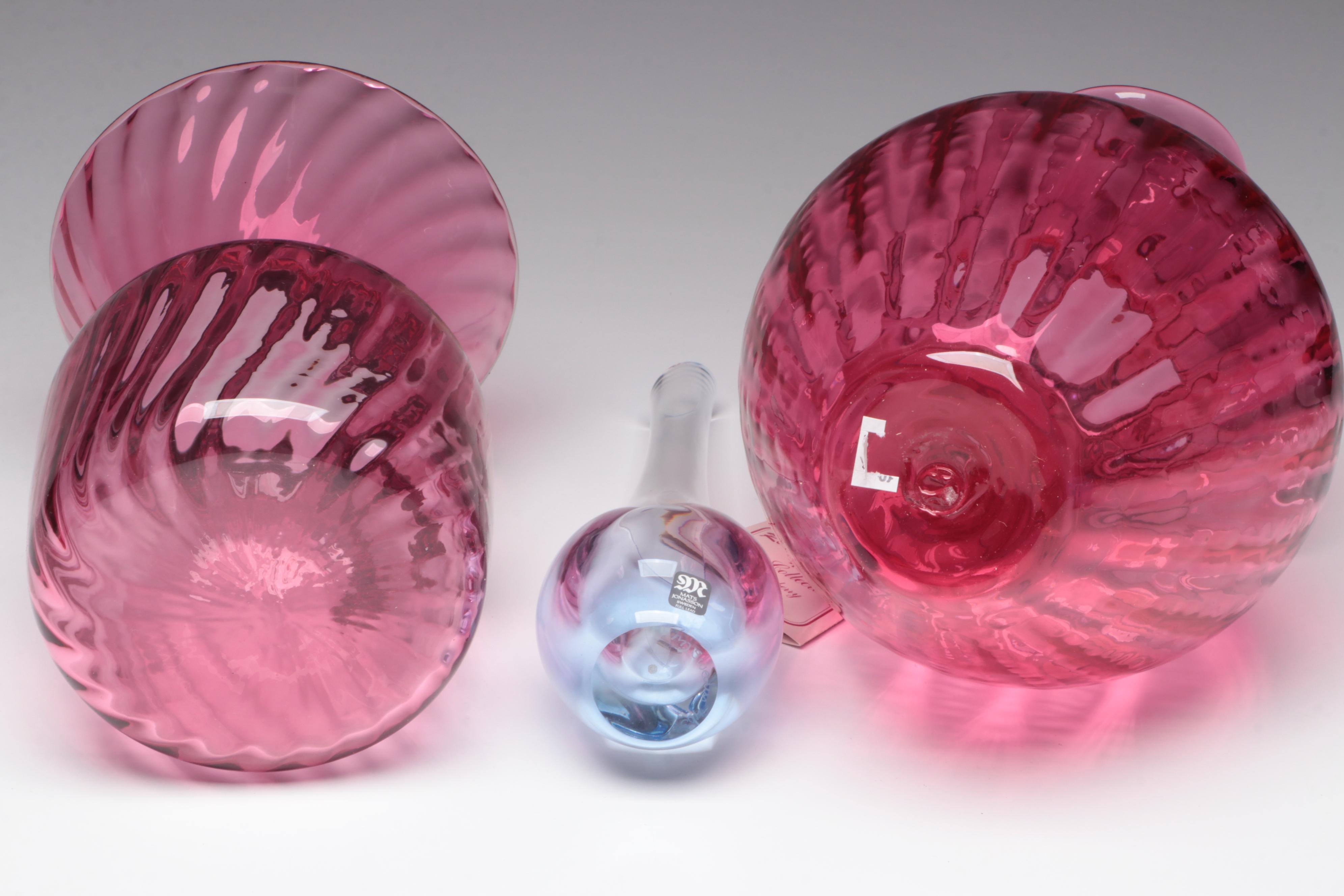 Mats Jonasson Crystal Bud Vase with Swirled Blue Vase and Cranberry Glass Vases