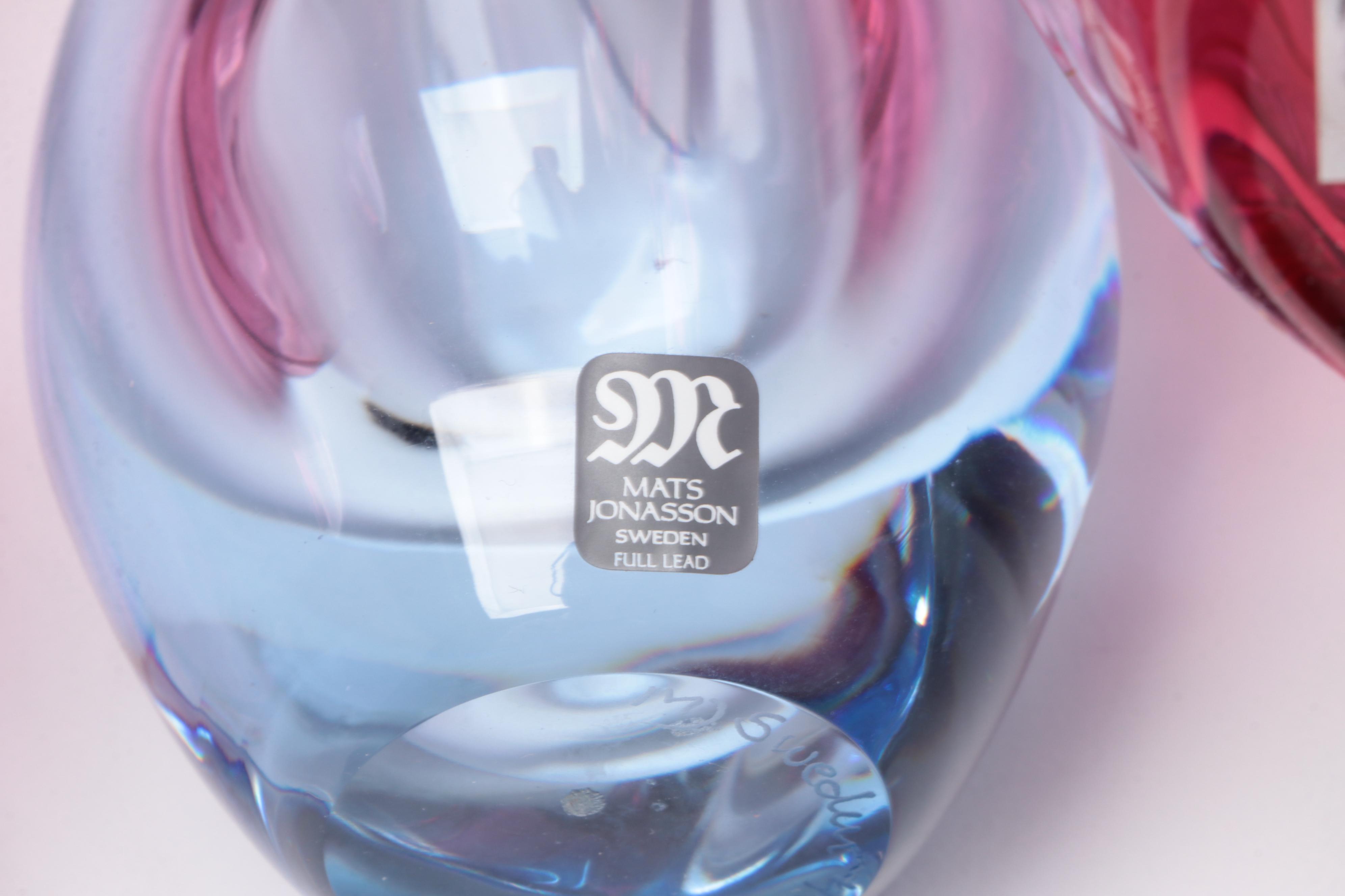 Mats Jonasson Crystal Bud Vase with Swirled Blue Vase and Cranberry Glass Vases