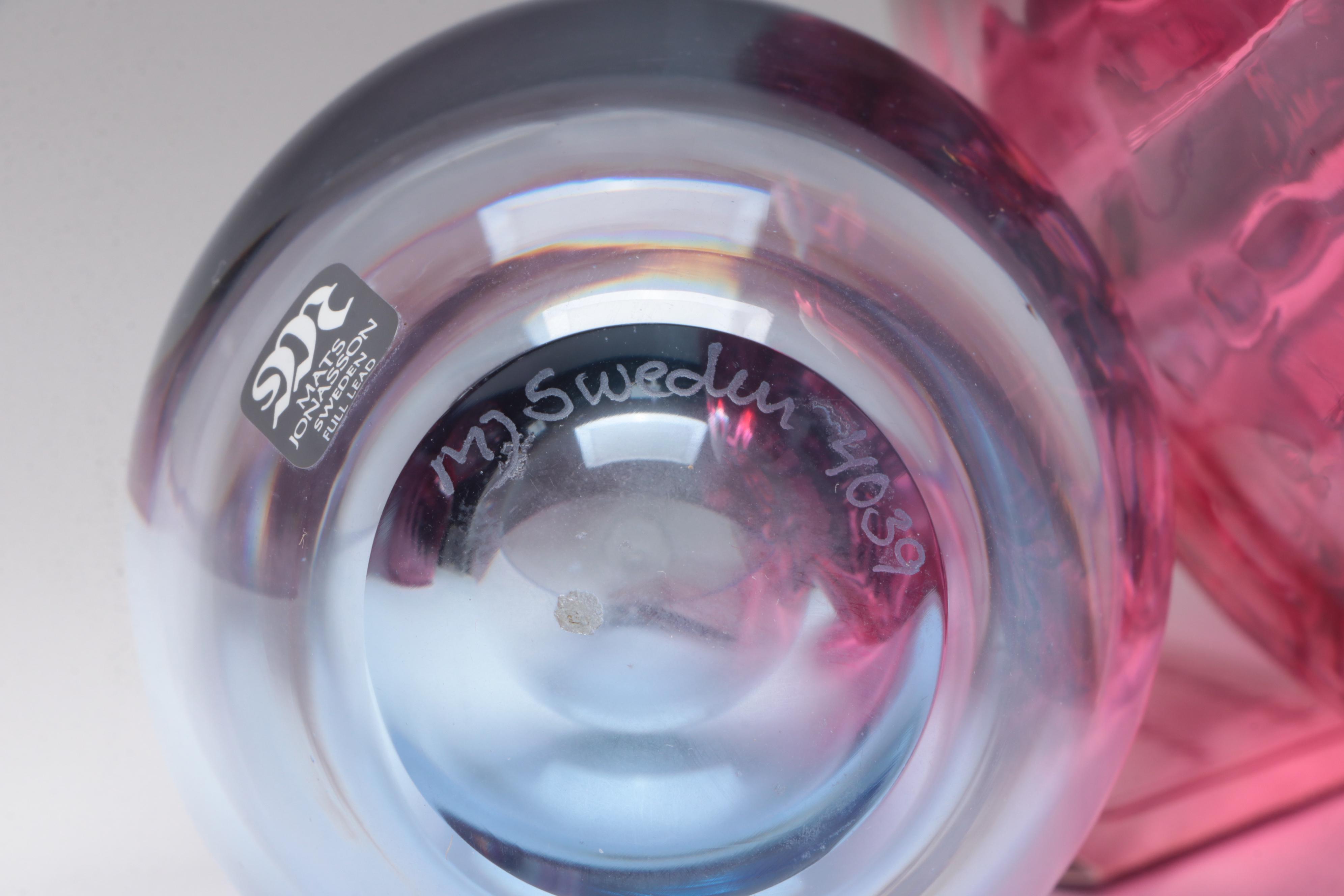 Mats Jonasson Crystal Bud Vase with Swirled Blue Vase and Cranberry Glass Vases