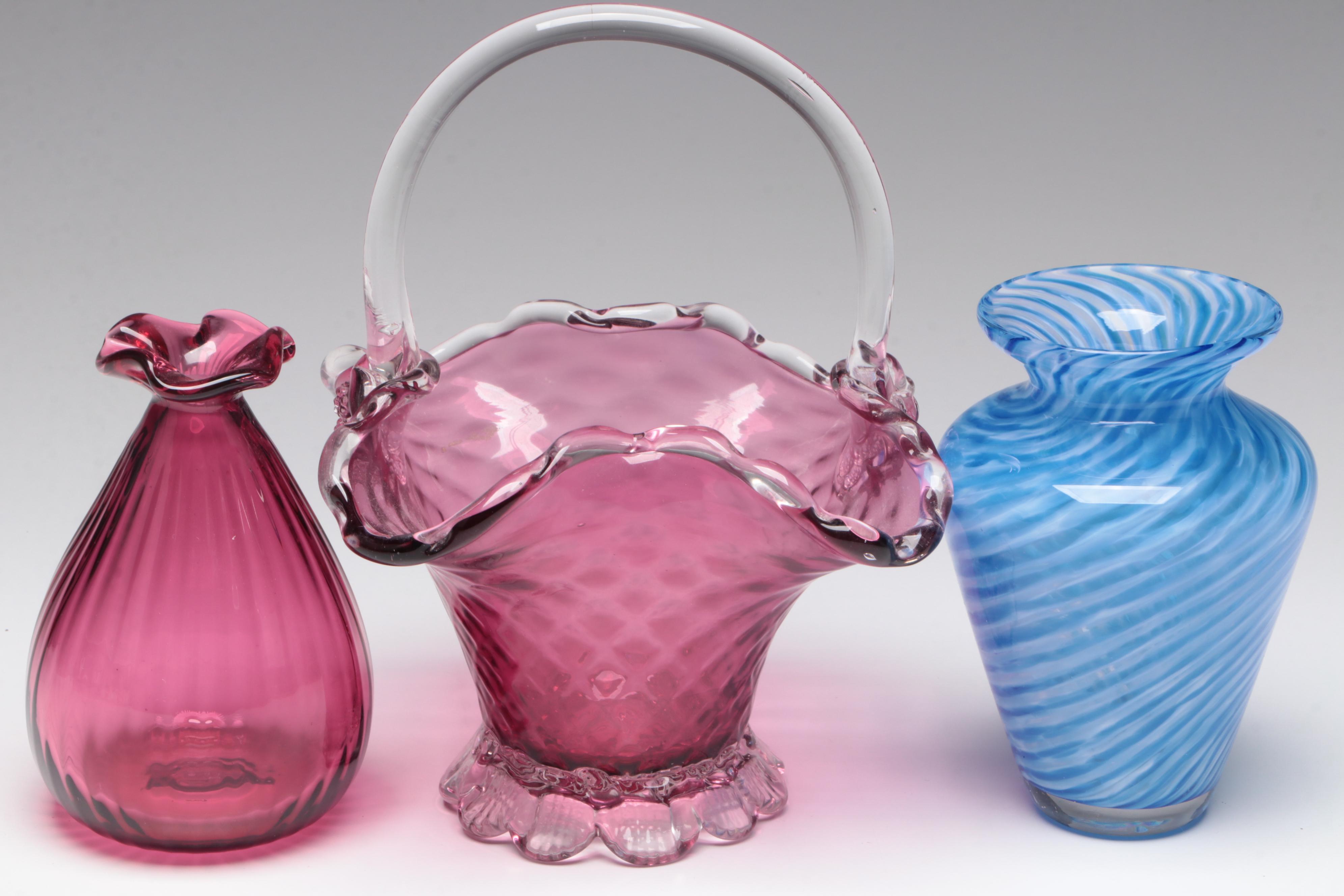 Mats Jonasson Crystal Bud Vase with Swirled Blue Vase and Cranberry Glass Vases