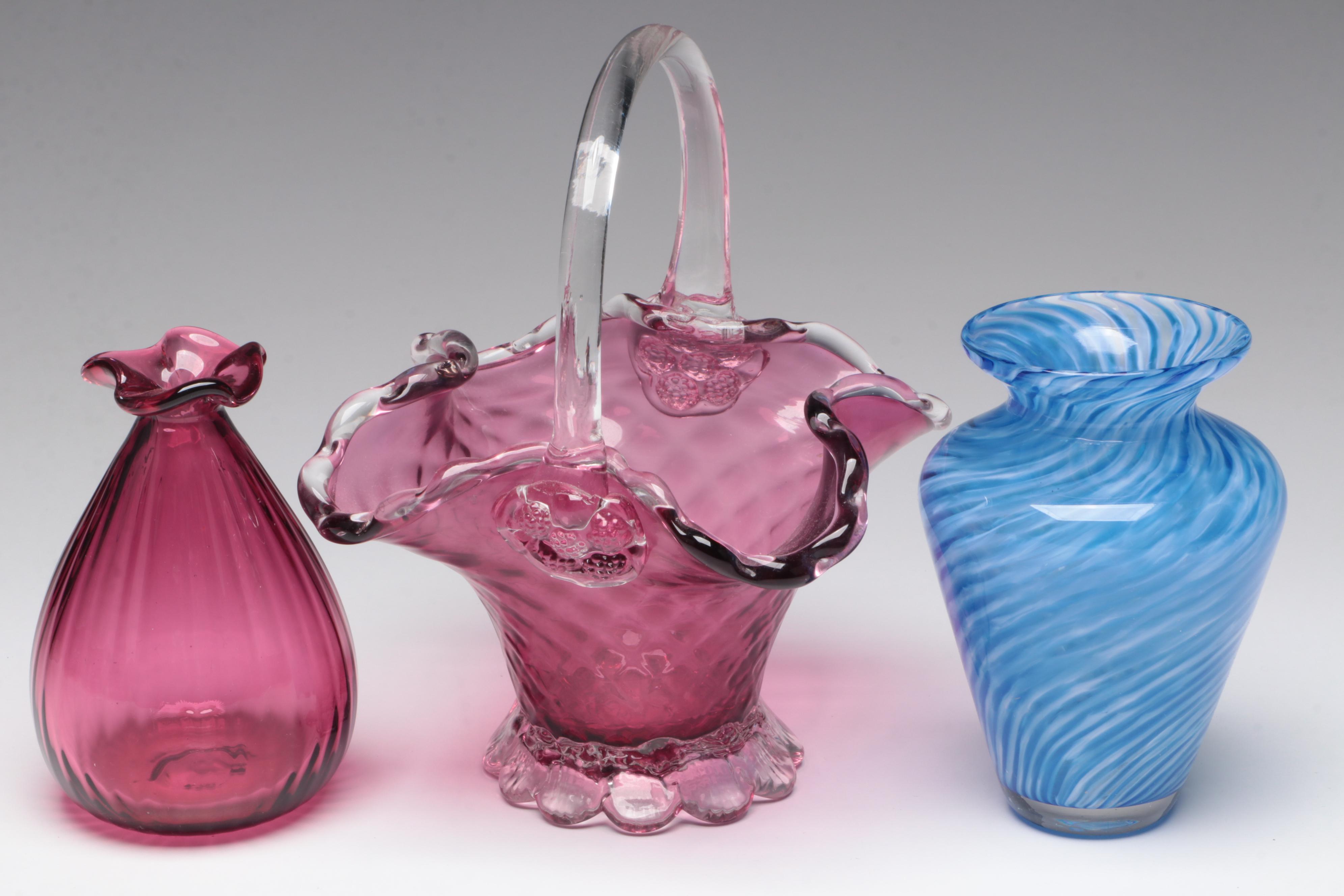 Mats Jonasson Crystal Bud Vase with Swirled Blue Vase and Cranberry Glass Vases