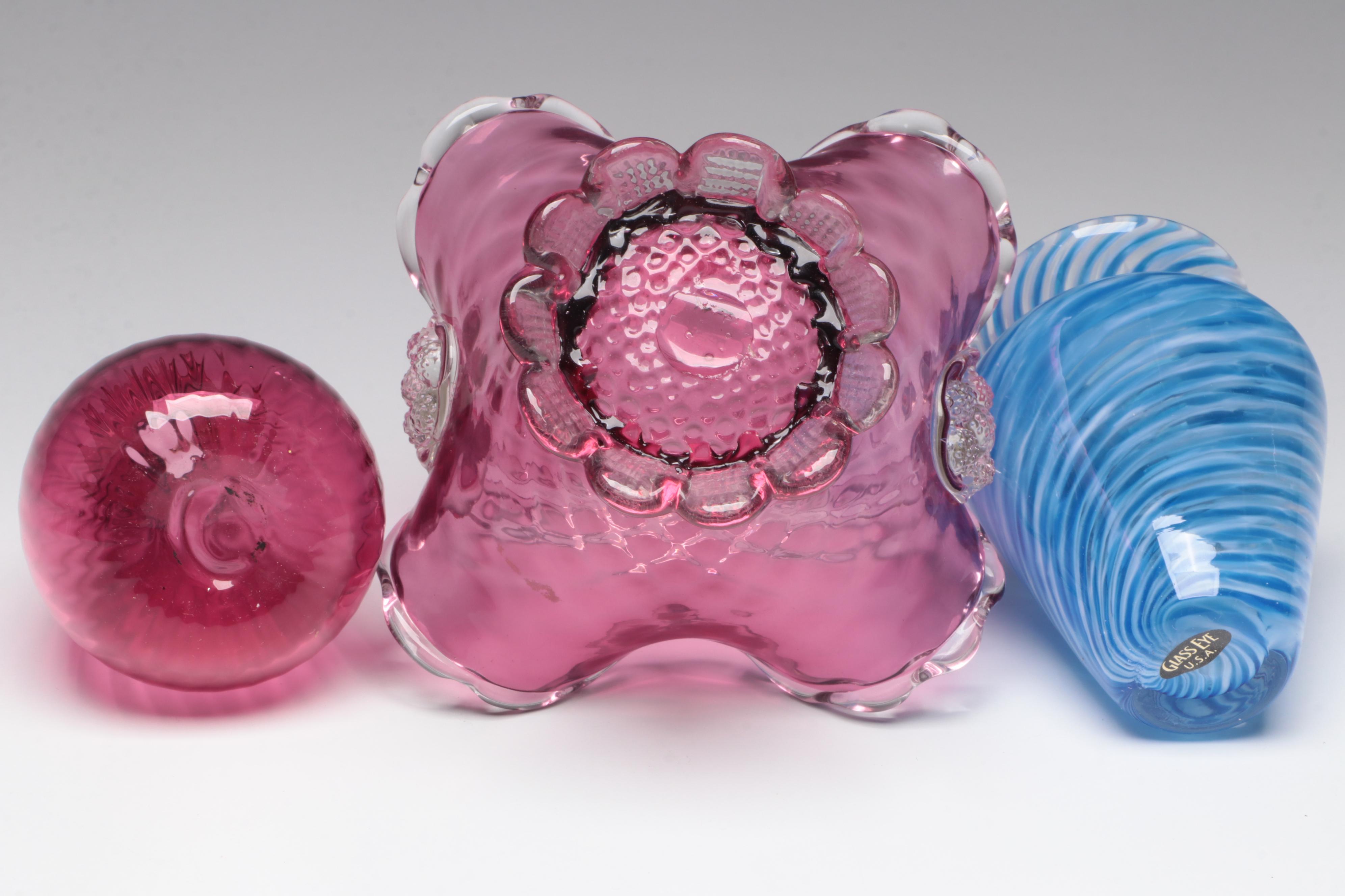 Mats Jonasson Crystal Bud Vase with Swirled Blue Vase and Cranberry Glass Vases