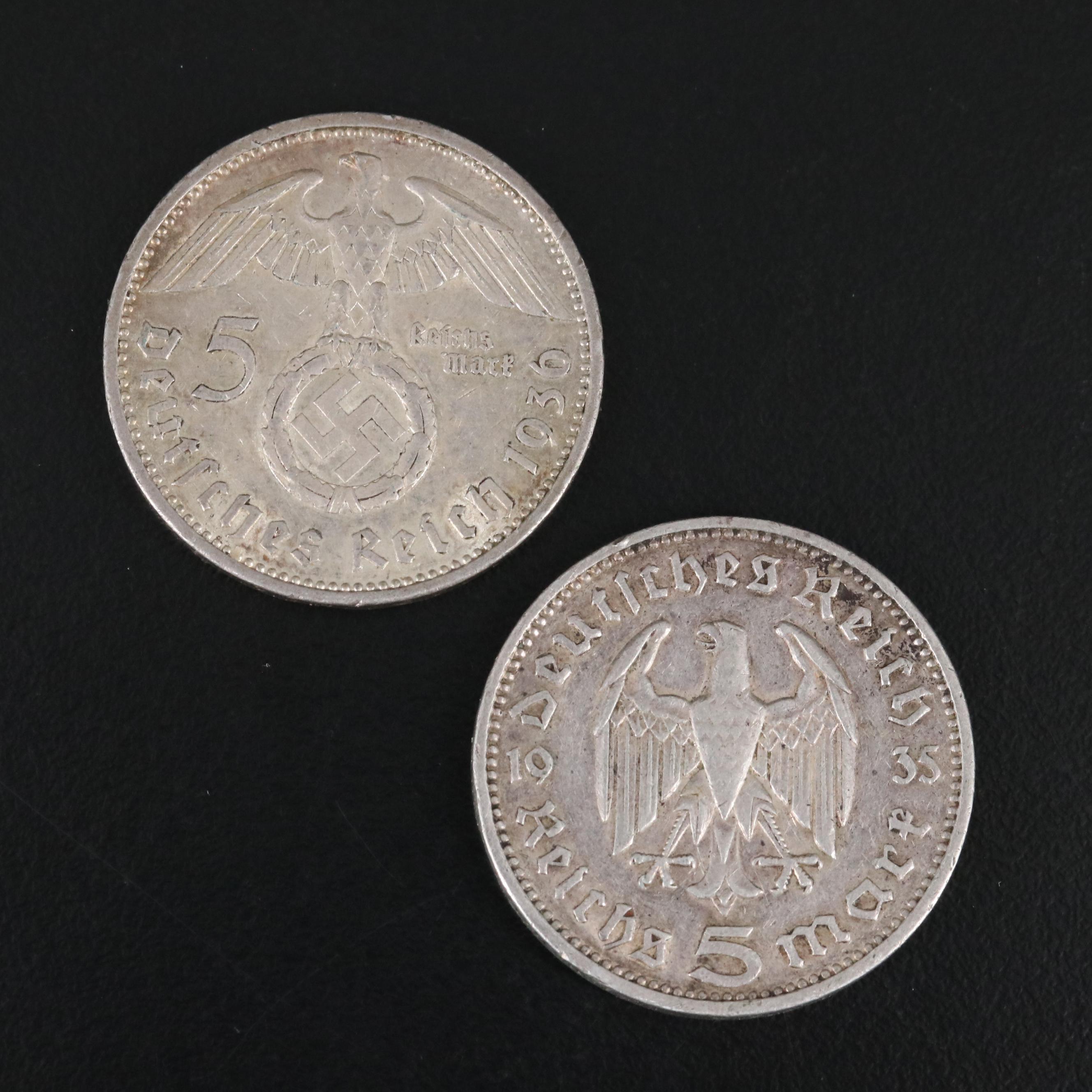 Group of Ten Alum-Bronze and Silver German Coins From the Mid to Late 1930's