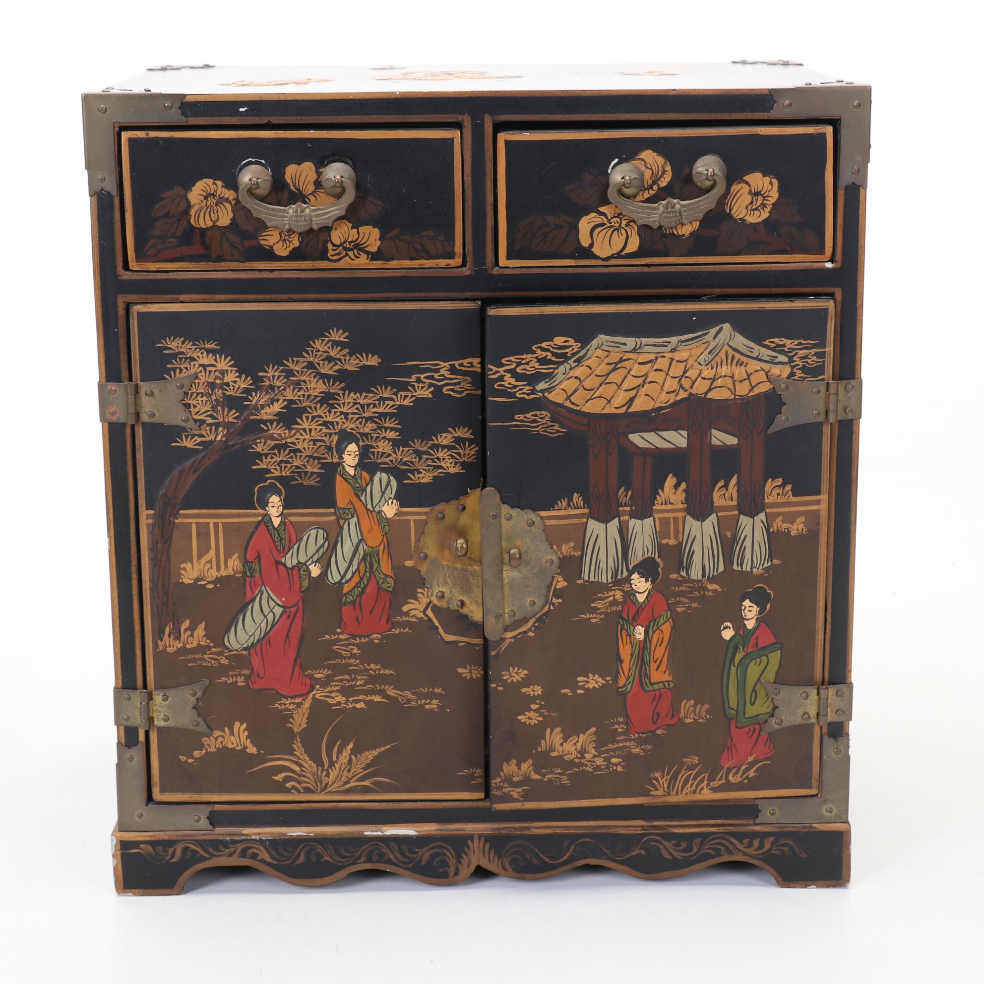 Chinese Jewelry Box with Calligraphy Decorated Bottles and Bowl Set