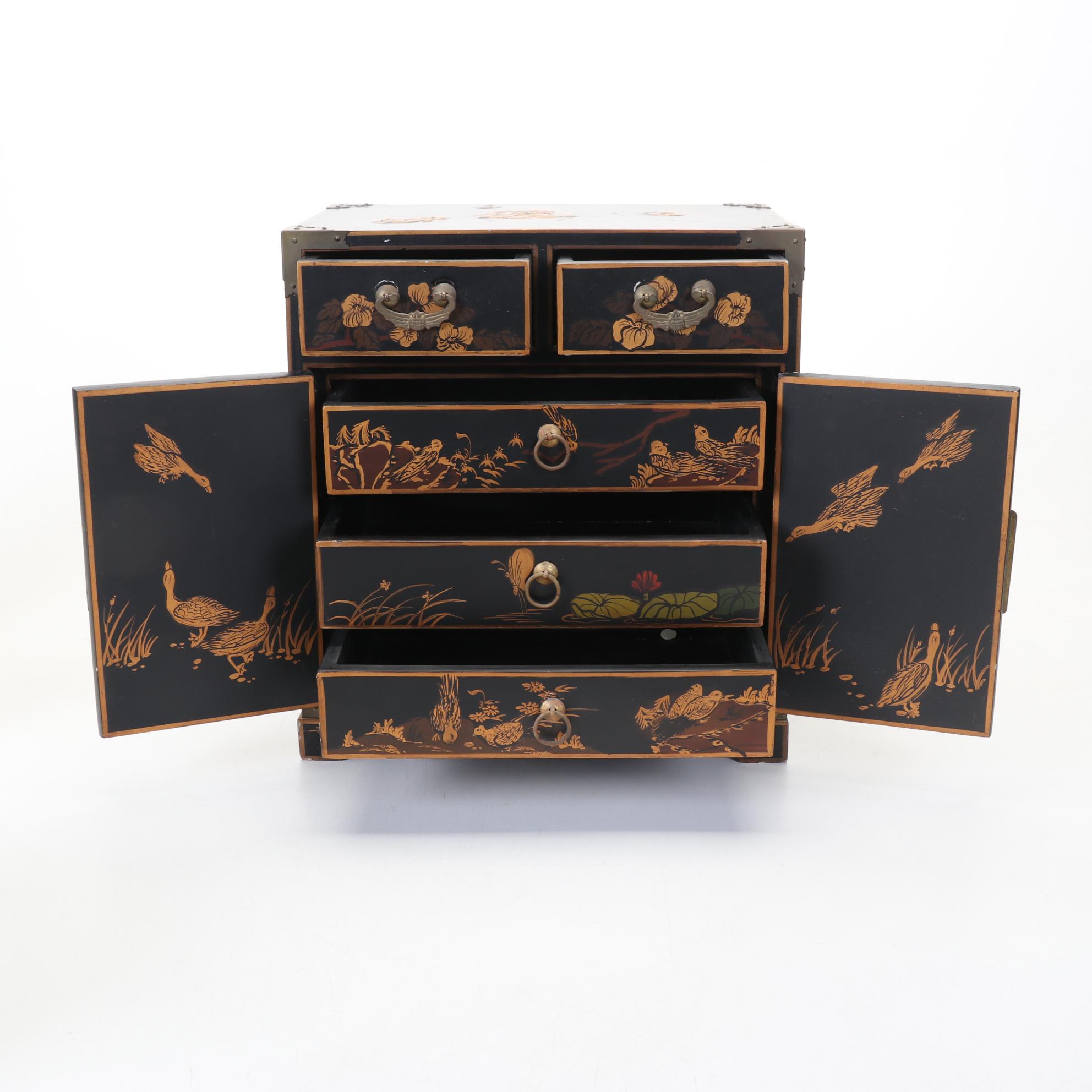 Chinese Jewelry Box with Calligraphy Decorated Bottles and Bowl Set