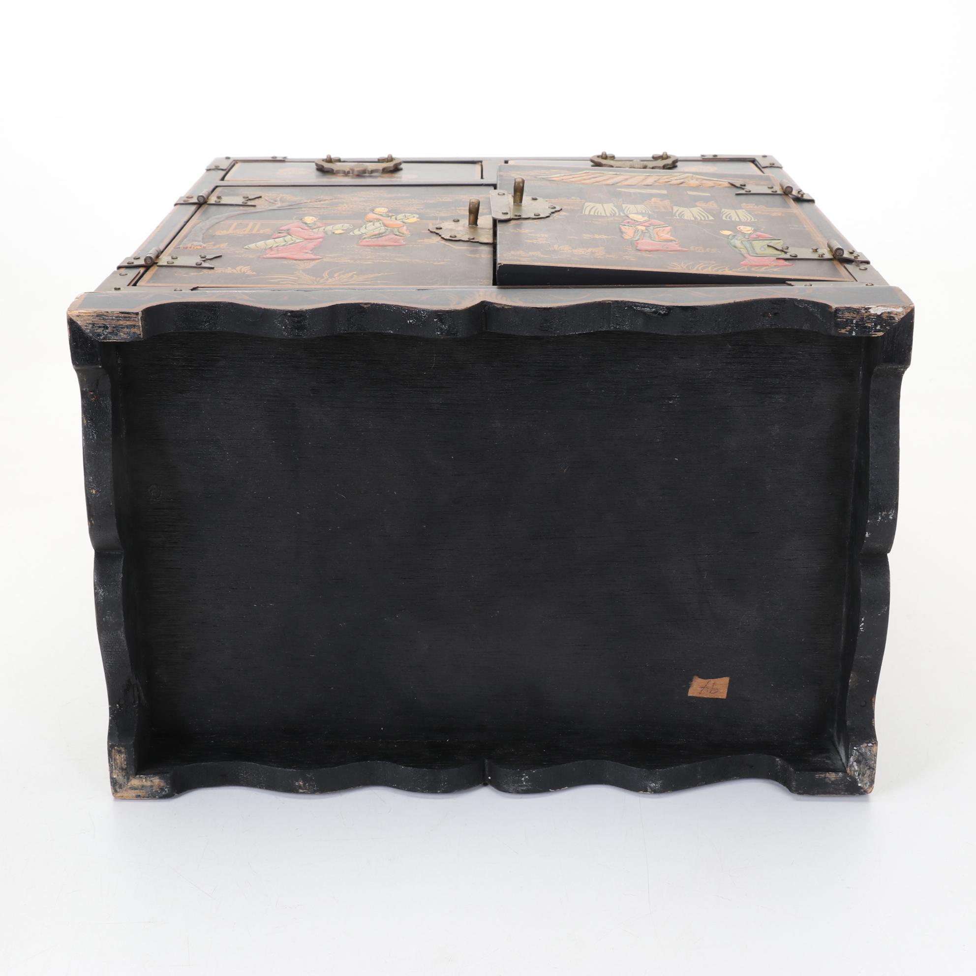 Chinese Jewelry Box with Calligraphy Decorated Bottles and Bowl Set